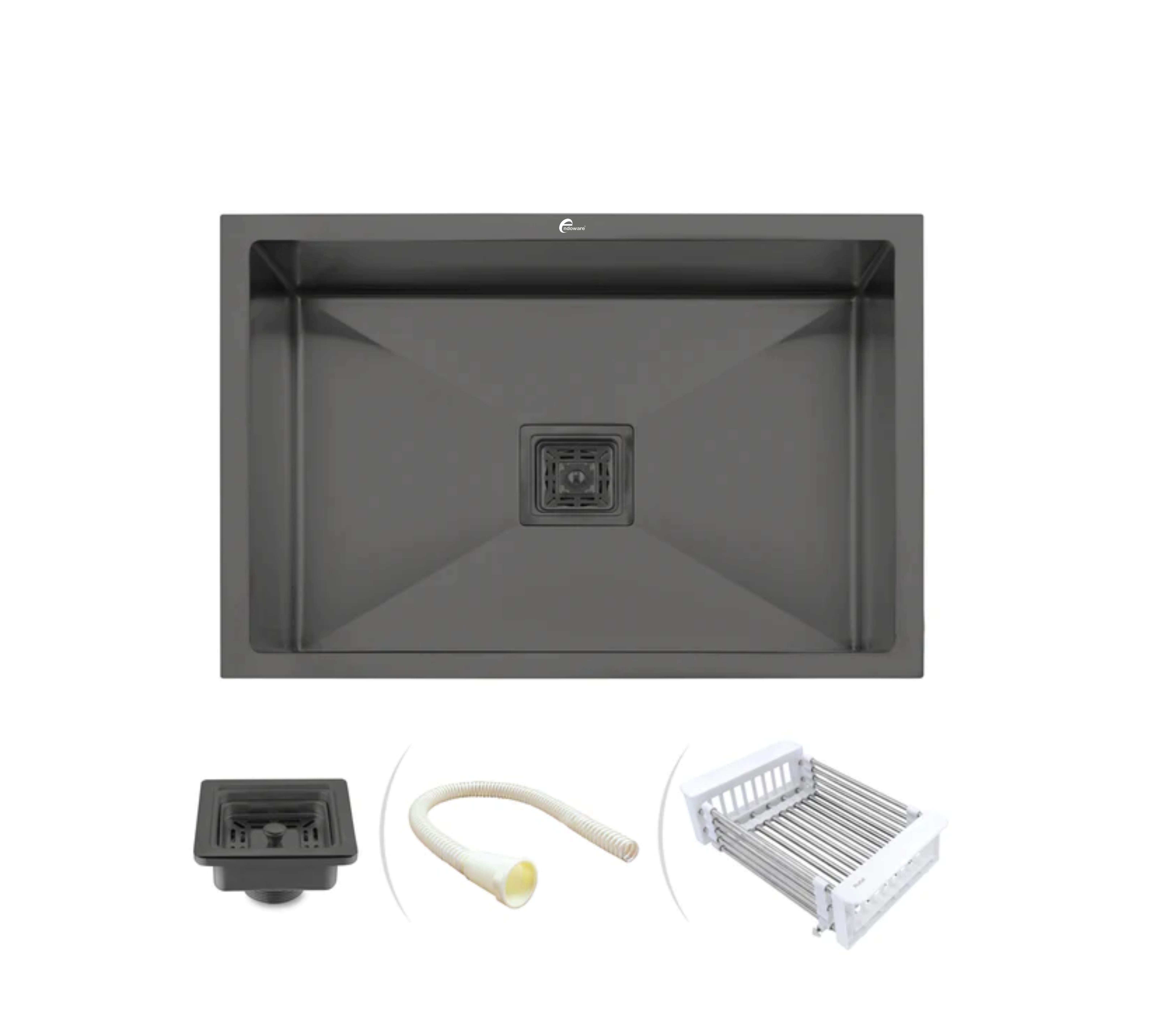 Endoware Black Handmade Single Bowl Kitchen Sink (24"x18"x10") – Durable and Stylish