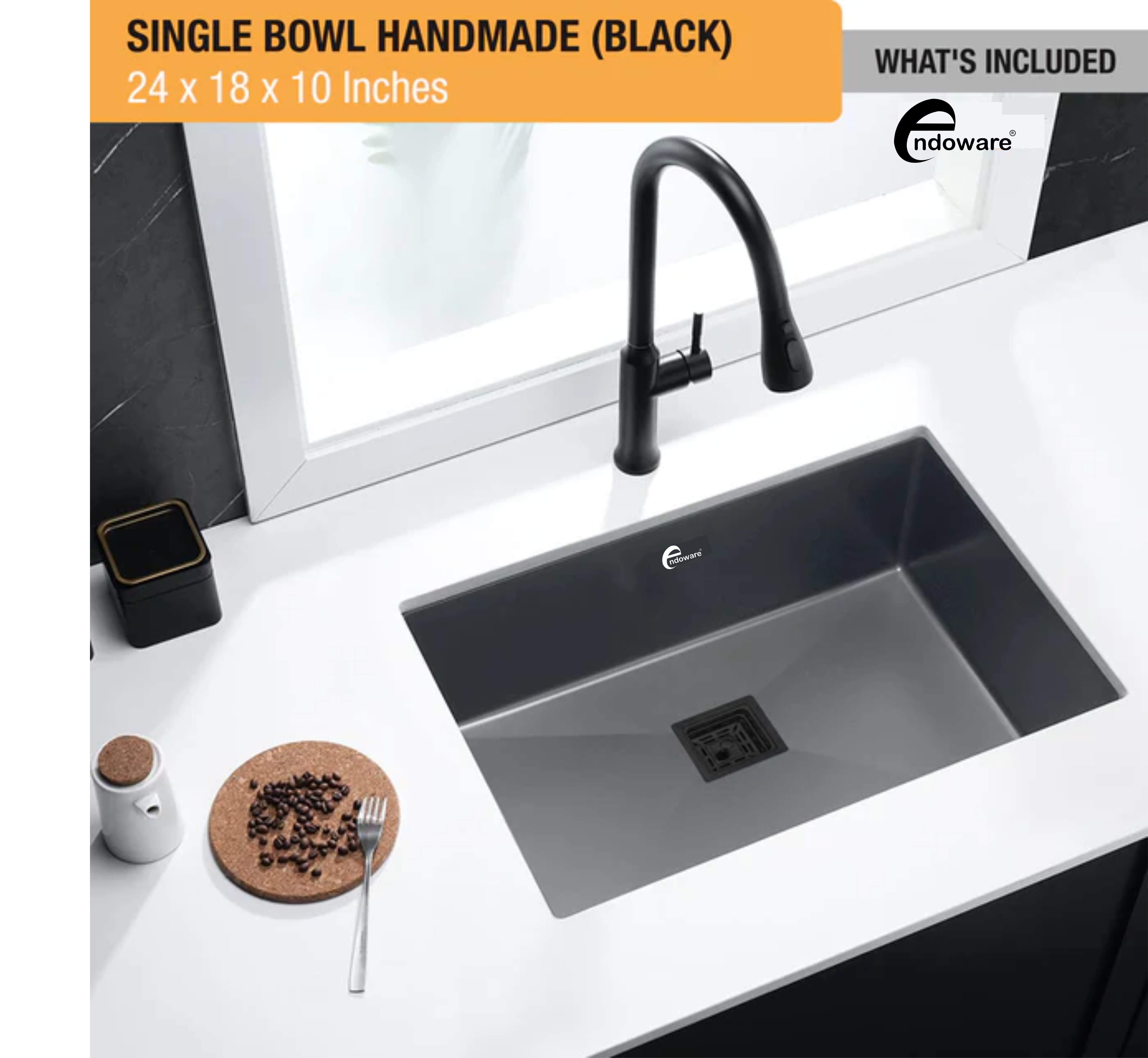 Endoware Black Handmade Single Bowl Kitchen Sink (24"x18"x10") – Durable and Stylish