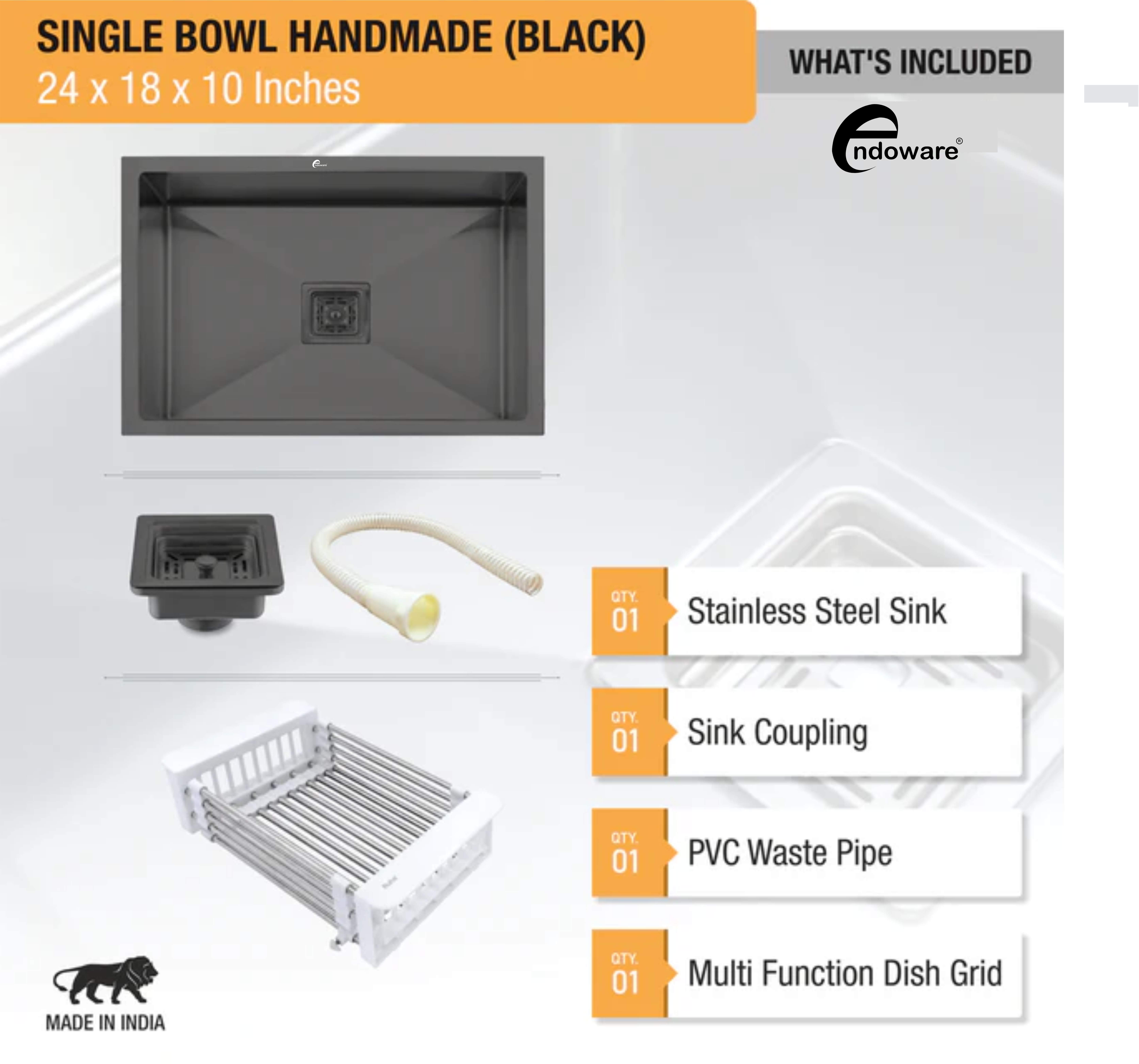 Endoware Black Handmade Single Bowl Kitchen Sink (24"x18"x10") – Durable and Stylish