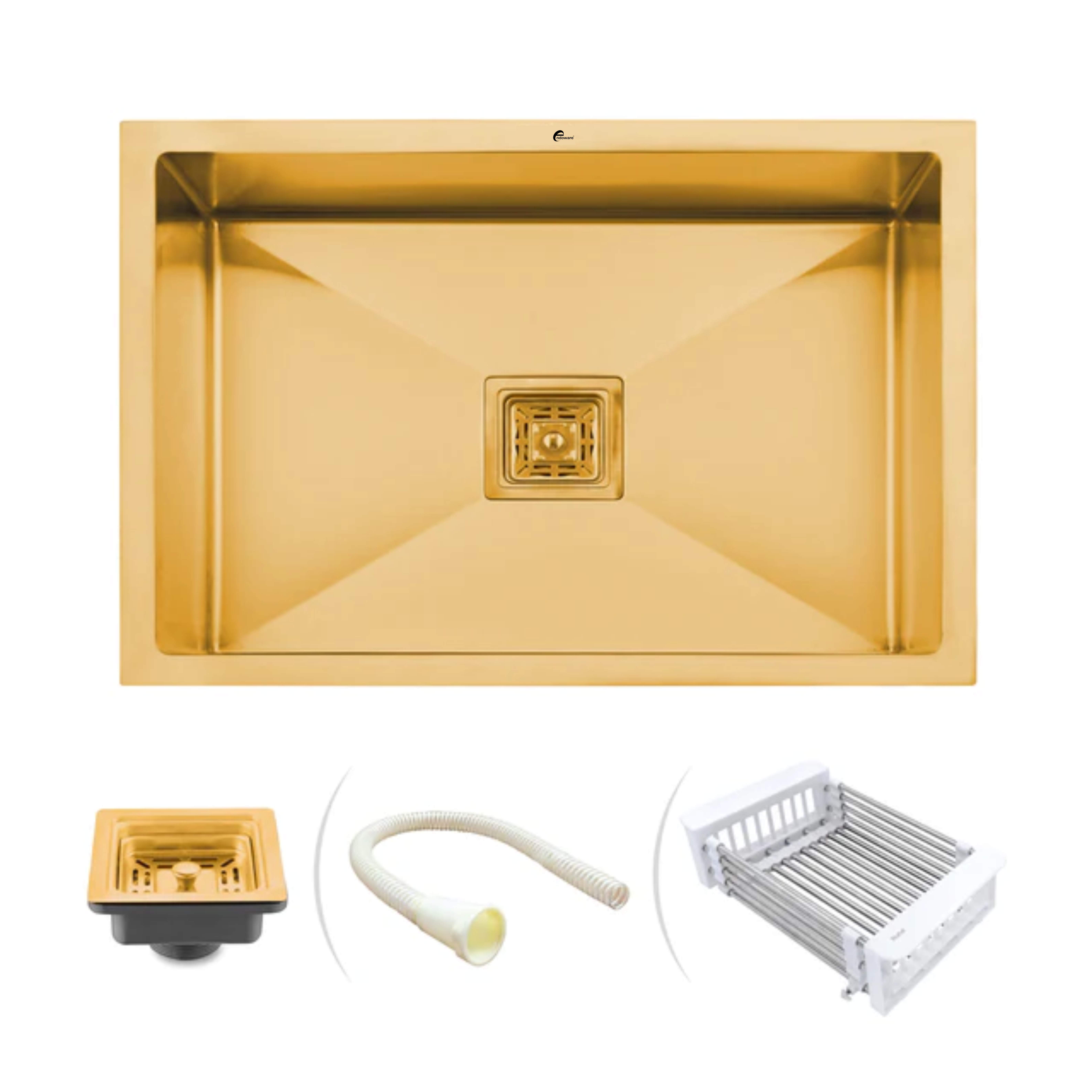  Endoware Yellow Gold Handmade Single Bowl Kitchen Sink (24 x 18 x 10 Inches) – Premium Stainless Steel, Elegant & Durable, Modern Design