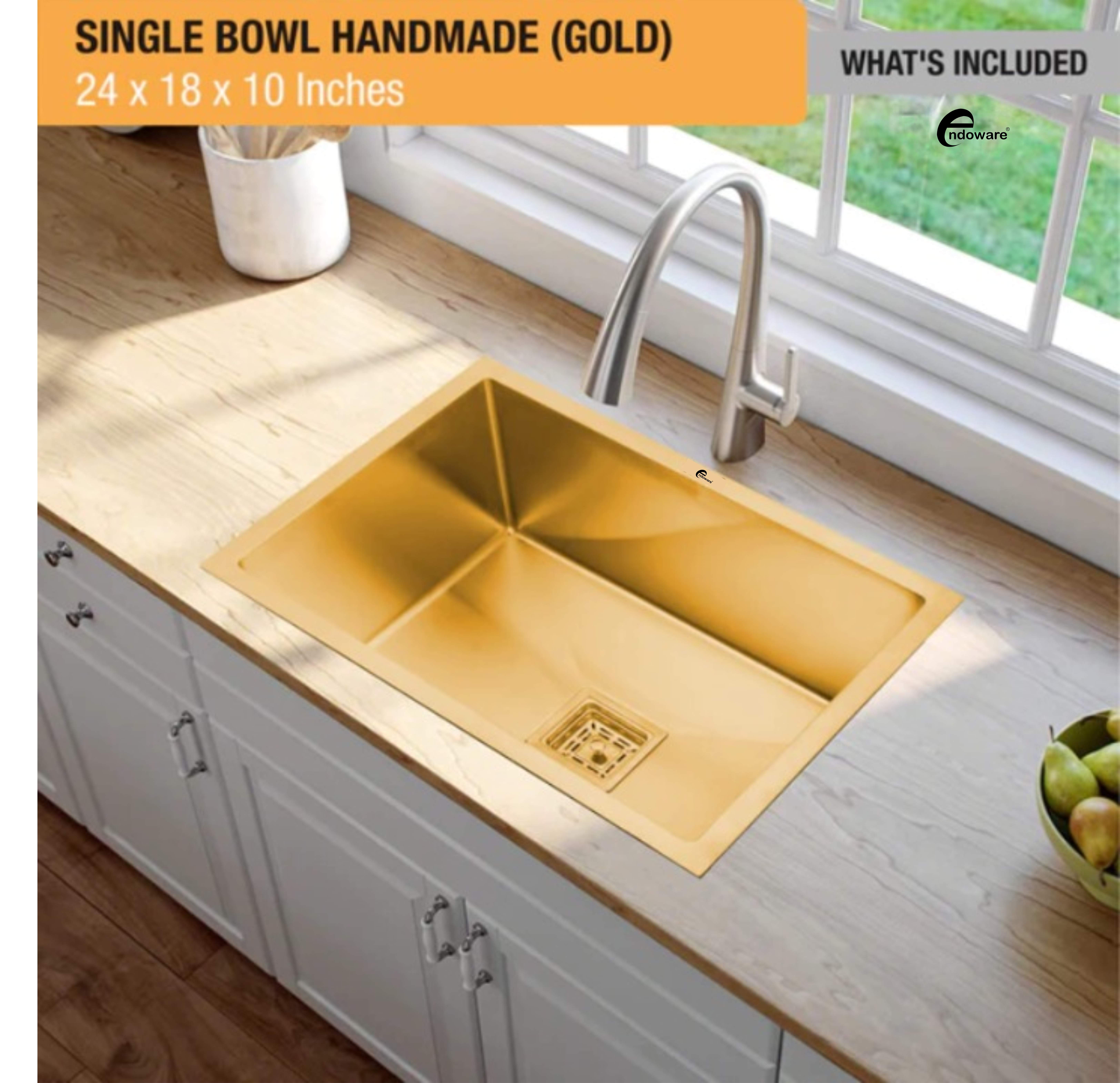  Endoware Yellow Gold Handmade Single Bowl Kitchen Sink (24 x 18 x 10 Inches) – Premium Stainless Steel, Elegant & Durable, Modern Design