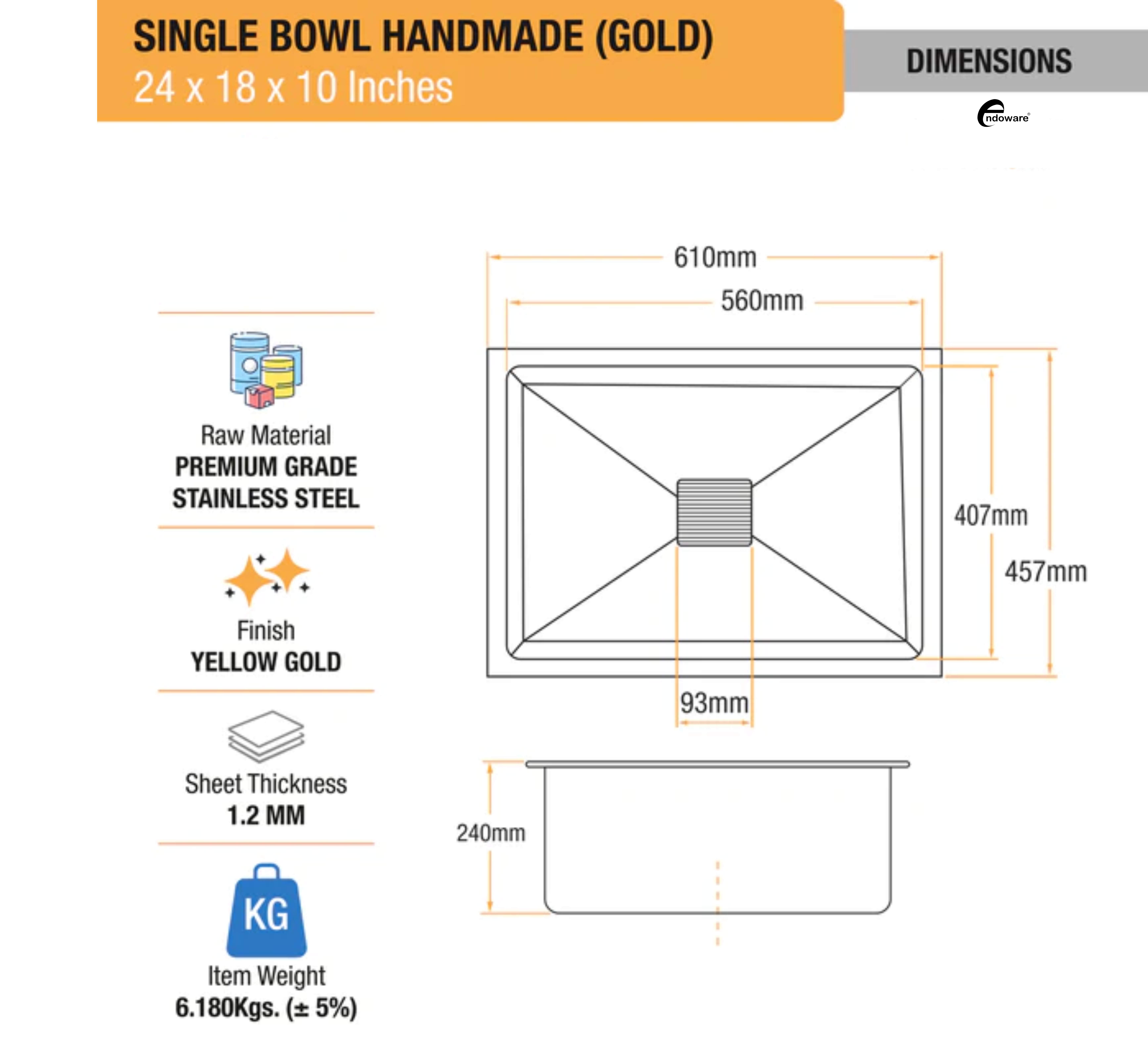  Endoware Yellow Gold Handmade Single Bowl Kitchen Sink (24 x 18 x 10 Inches) – Premium Stainless Steel, Elegant & Durable, Modern Design