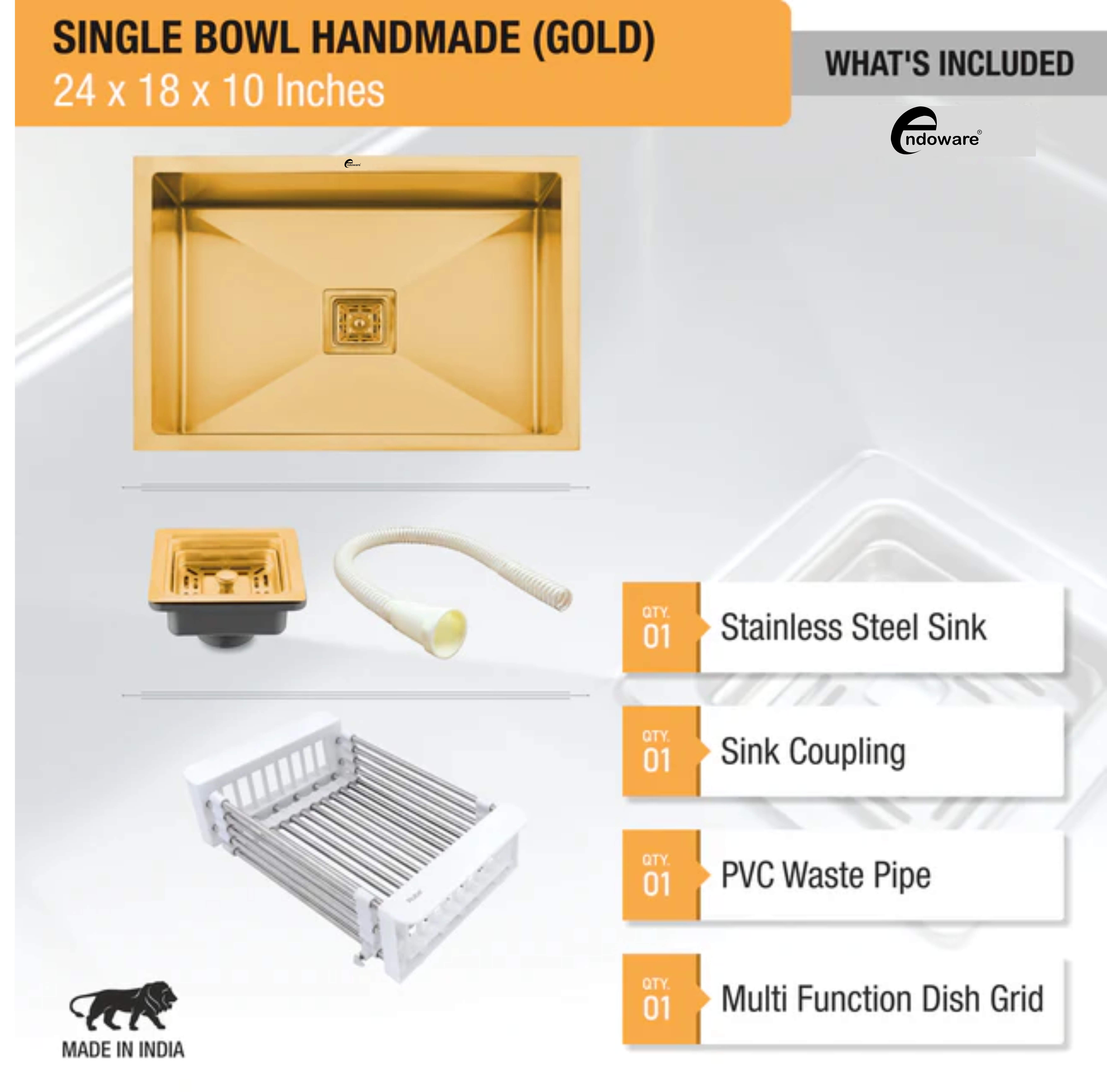  Endoware Yellow Gold Handmade Single Bowl Kitchen Sink (24 x 18 x 10 Inches) – Premium Stainless Steel, Elegant & Durable, Modern Design