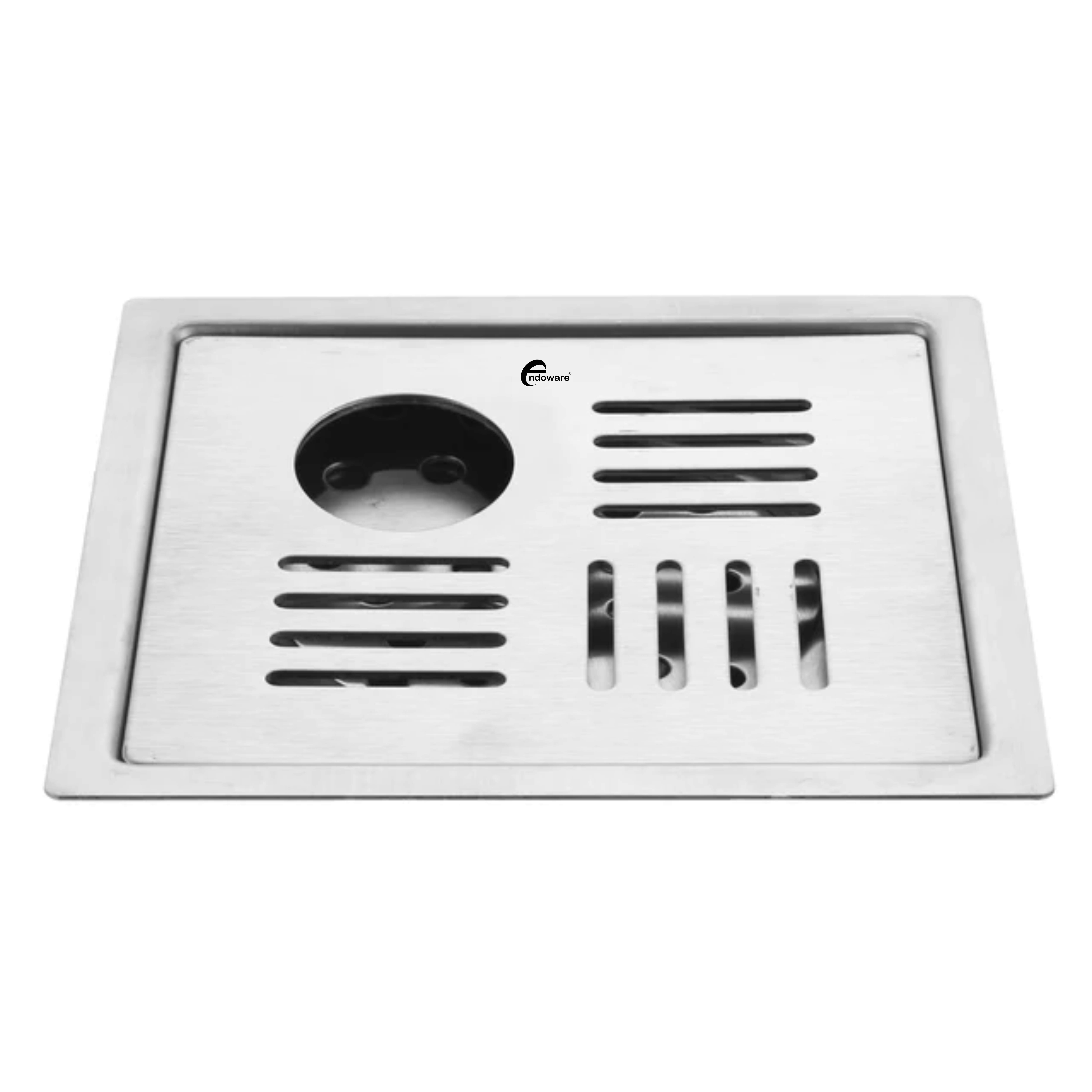 Endoware Pluto Square Flat Cut Floor Drain (5 x 5 Inches) – Modern Stainless Steel Drain with Hole