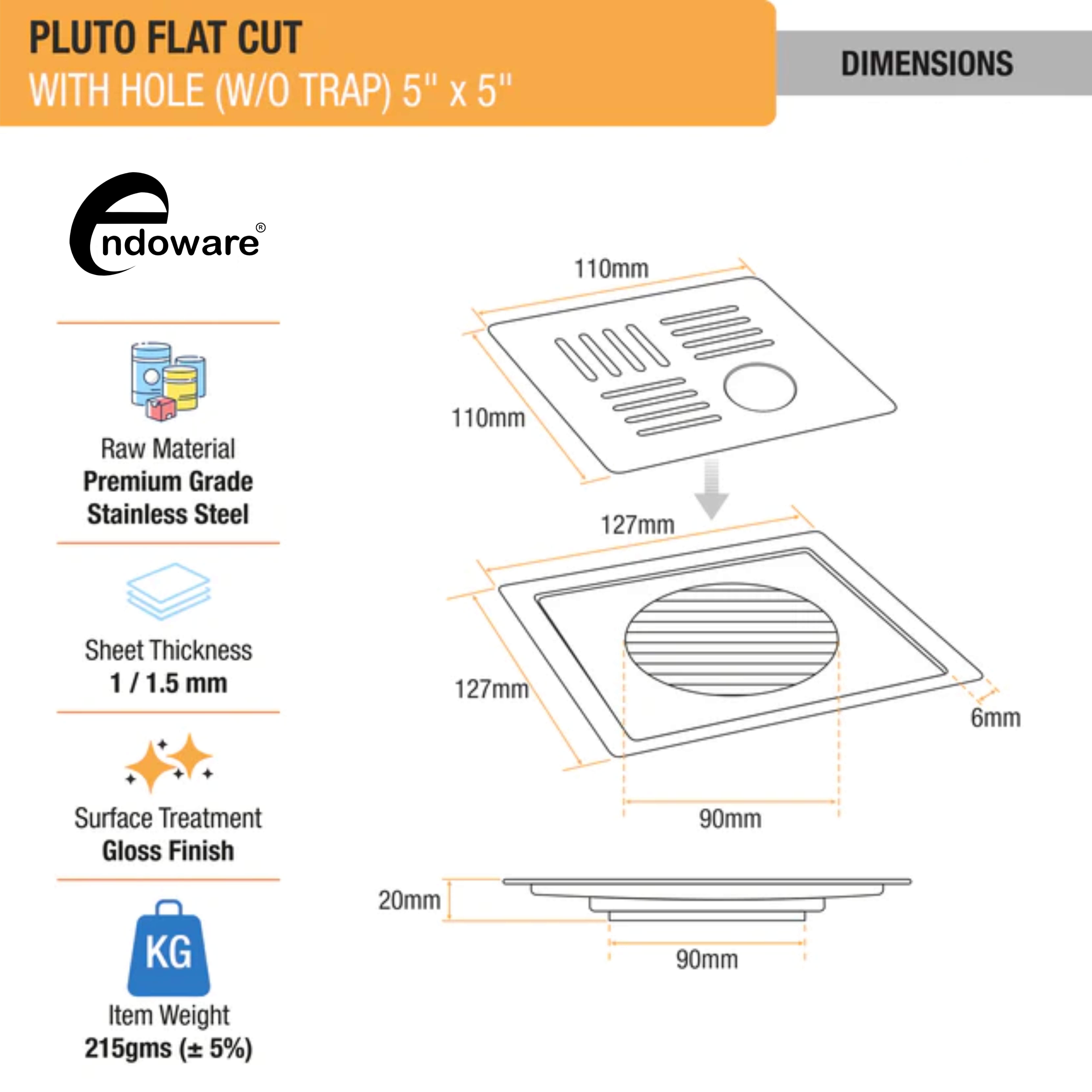 Endoware Pluto Square Flat Cut Floor Drain (5 x 5 Inches) – Modern Stainless Steel Drain with Hole