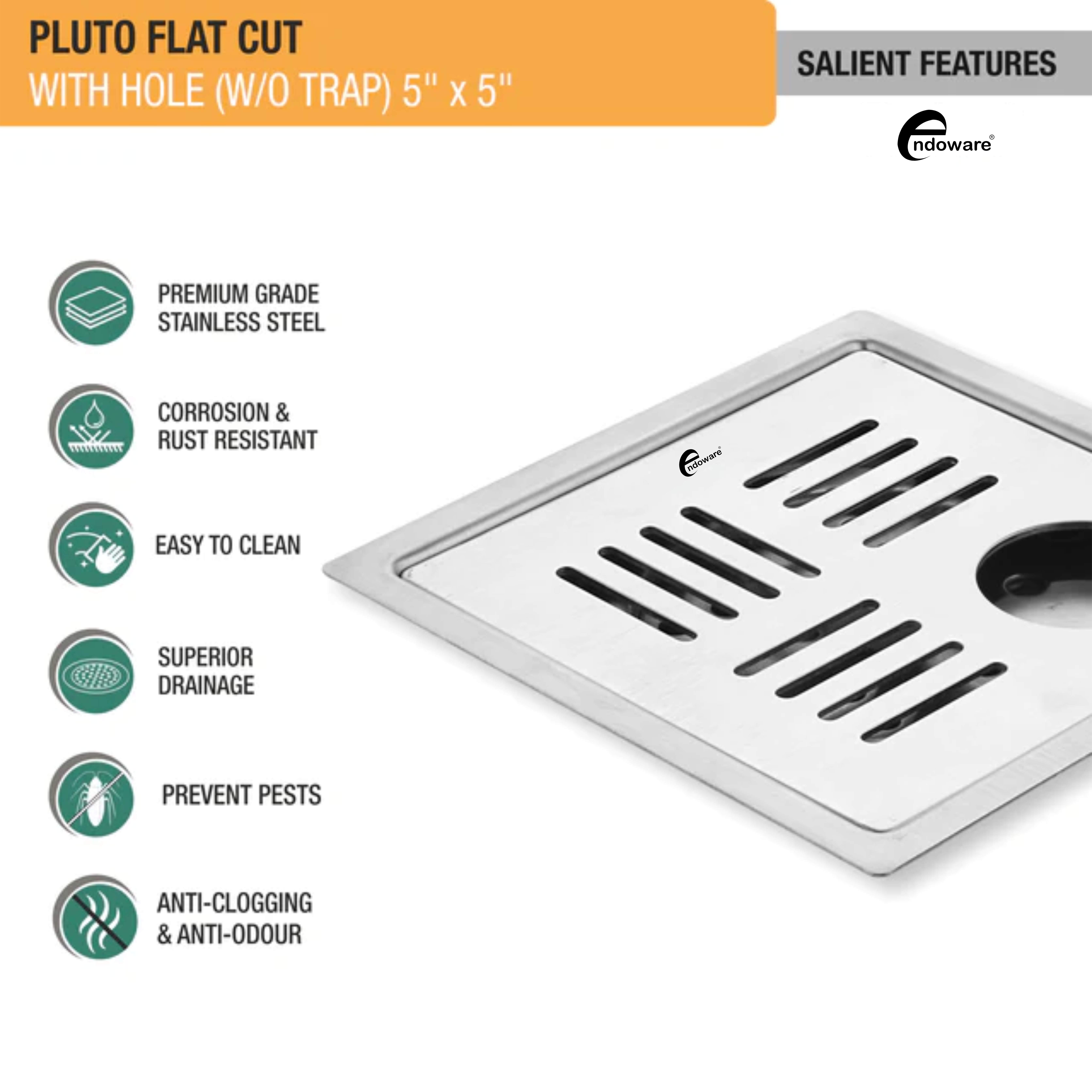 Endoware Pluto Square Flat Cut Floor Drain (5 x 5 Inches) – Modern Stainless Steel Drain with Hole