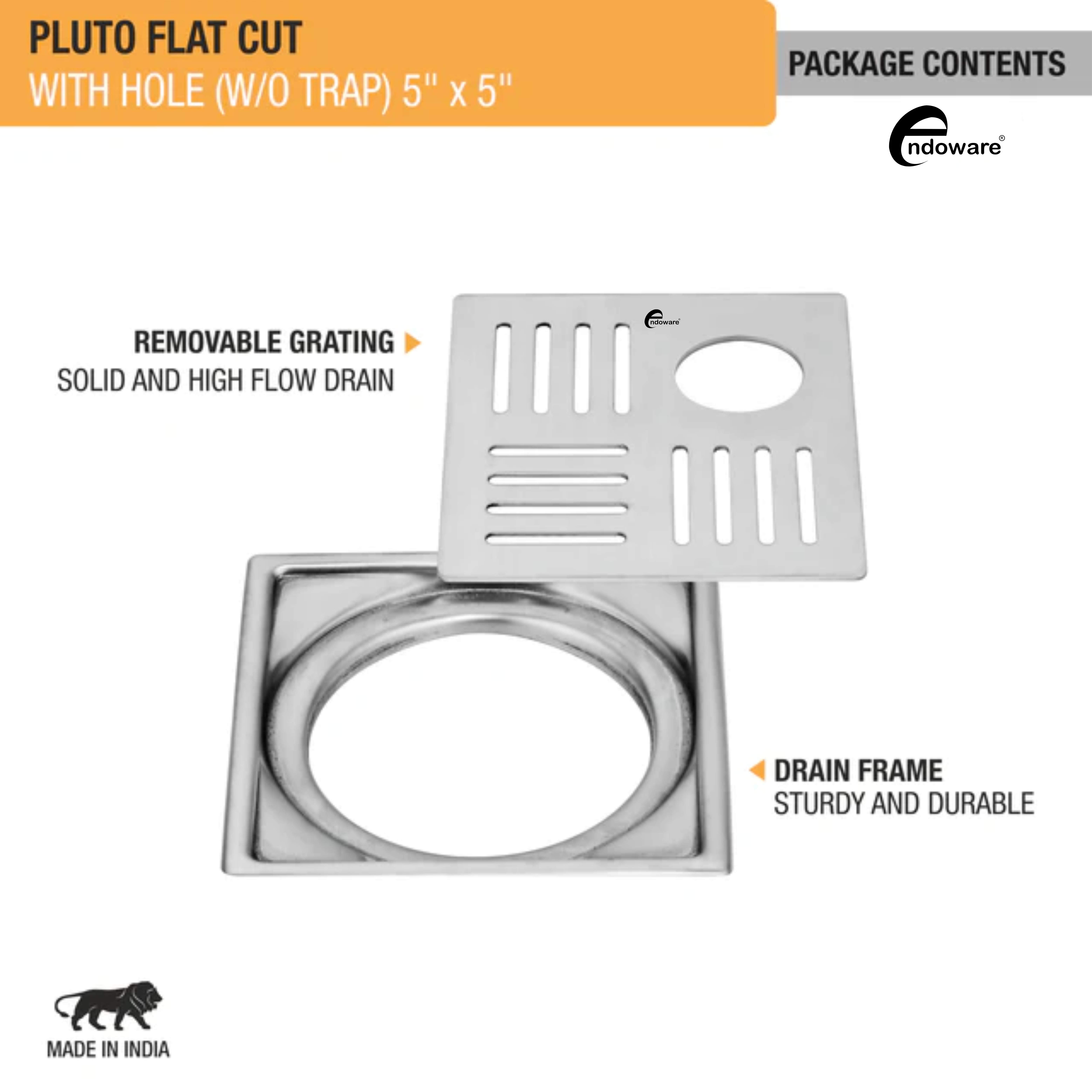 Endoware Pluto Square Flat Cut Floor Drain (5 x 5 Inches) – Modern Stainless Steel Drain with Hole
