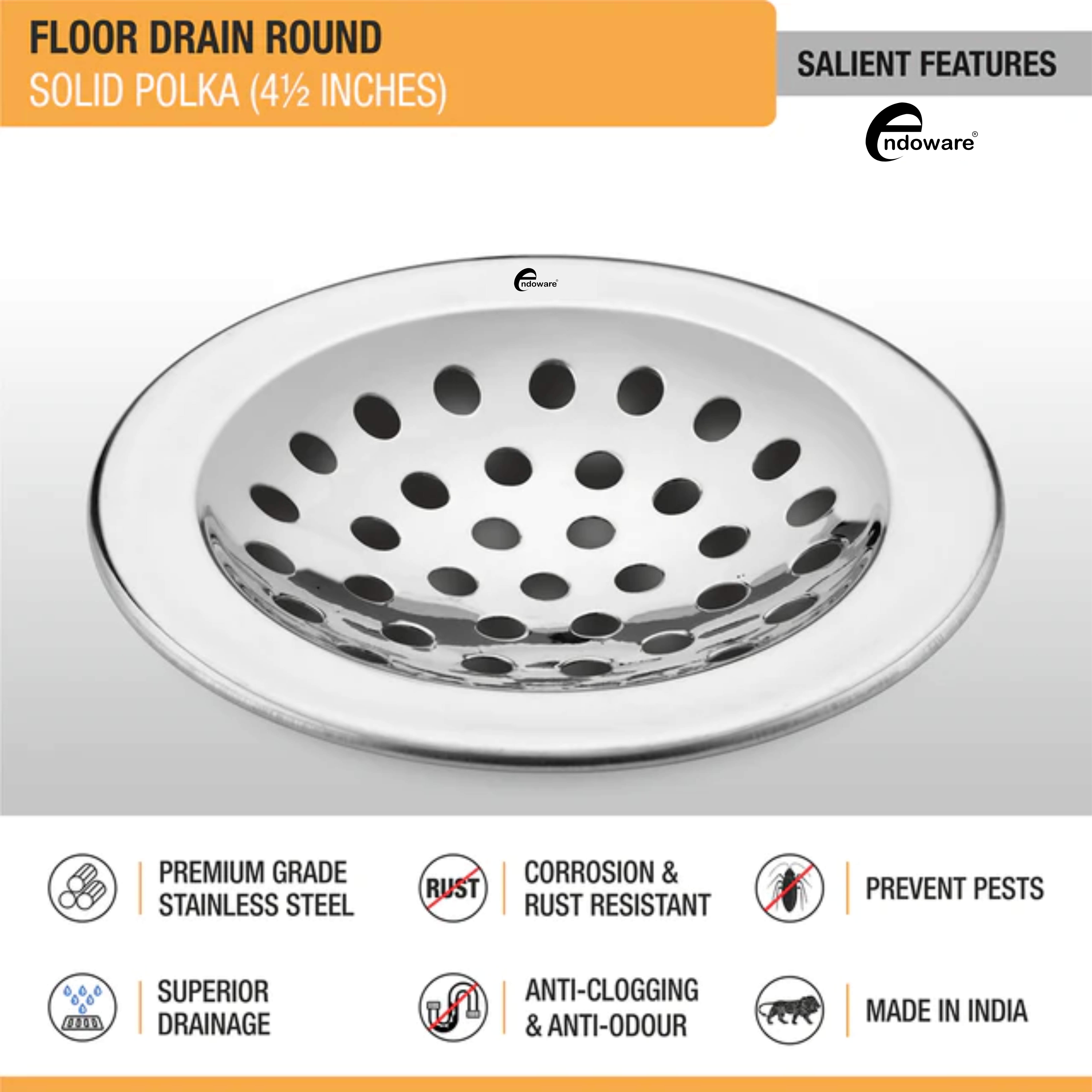 Endoware - Solid Polka with Collar Round Floor Drain (4½ Inches) – Pack of 2, Stainless Steel Design