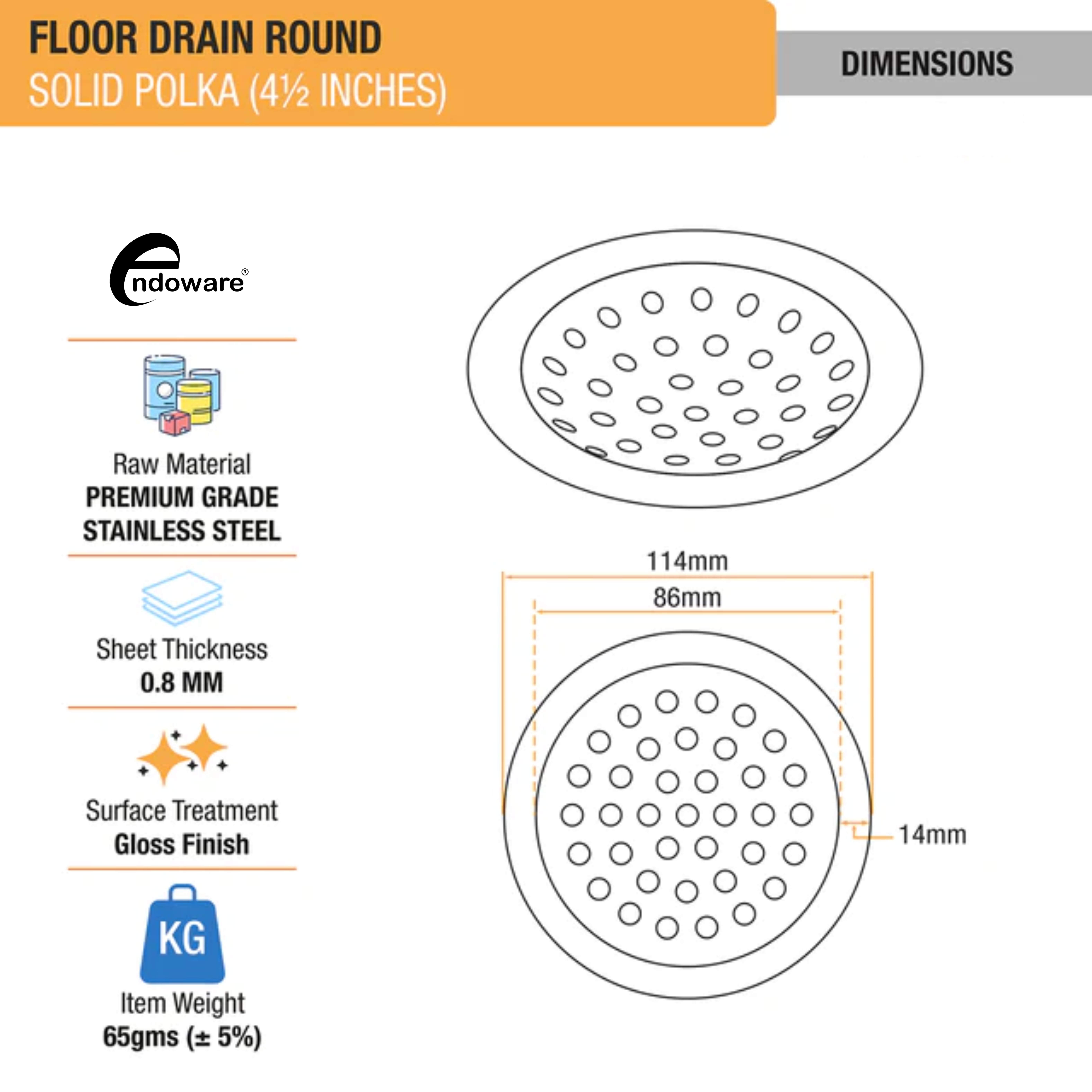 Endoware - Solid Polka with Collar Round Floor Drain (4½ Inches) – Pack of 2, Stainless Steel Design