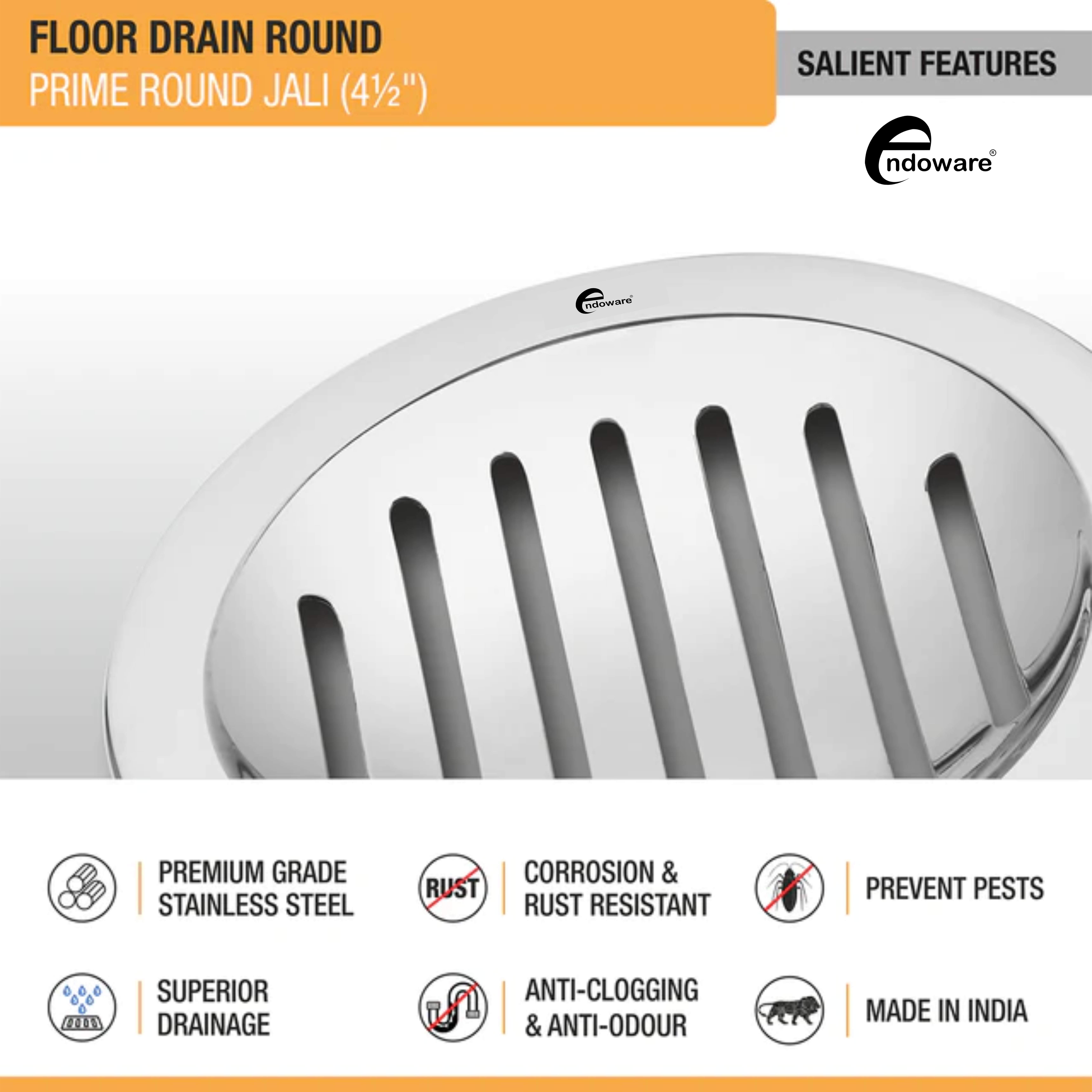 Endoware Prime Round Jali Floor Drain (4½ Inches) – Set of 2, Premium Stainless Steel with Modern Design