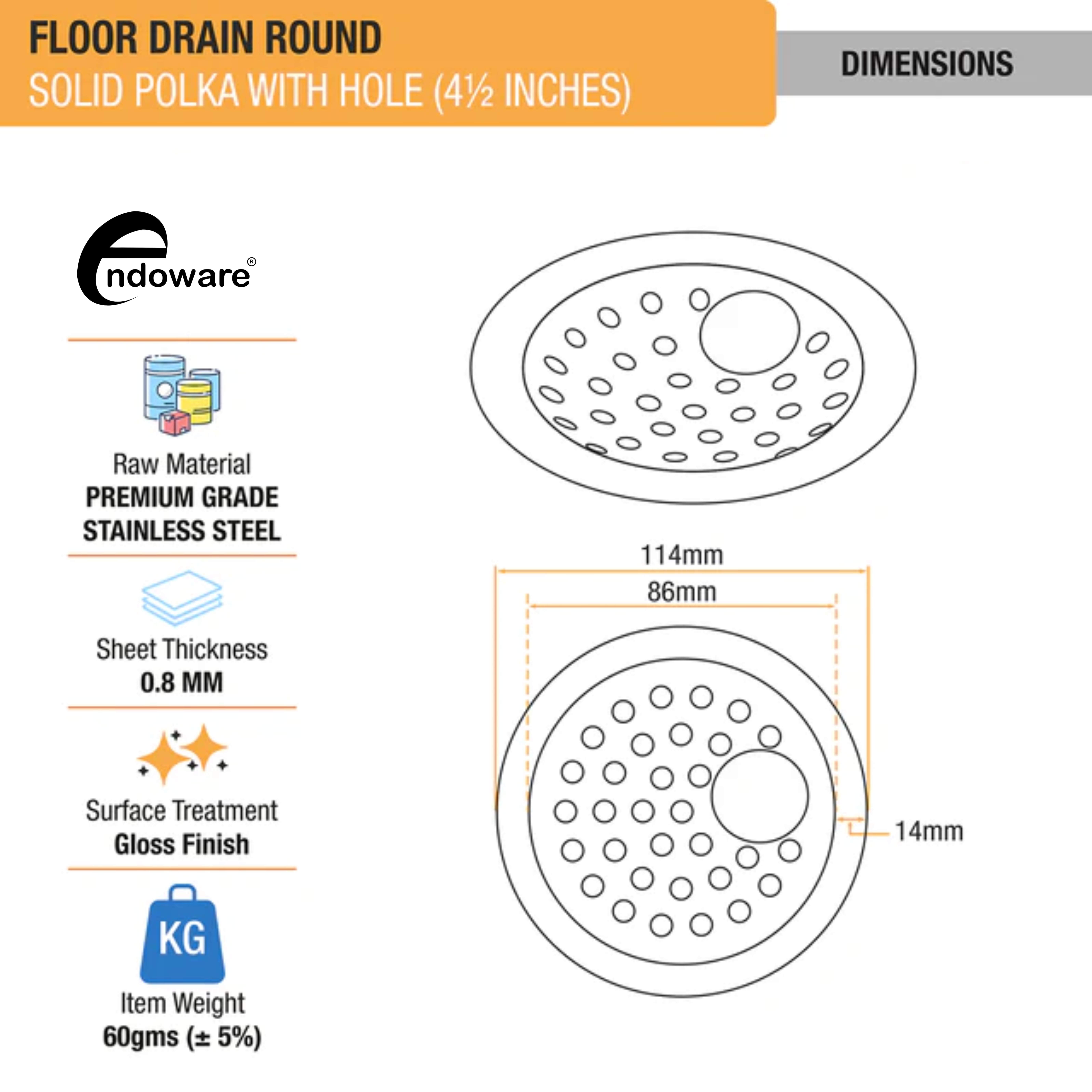 Endoware Solid Polka Round Floor Drain (4½ Inches) with Hole – Set of 2, Durable Stainless Steel