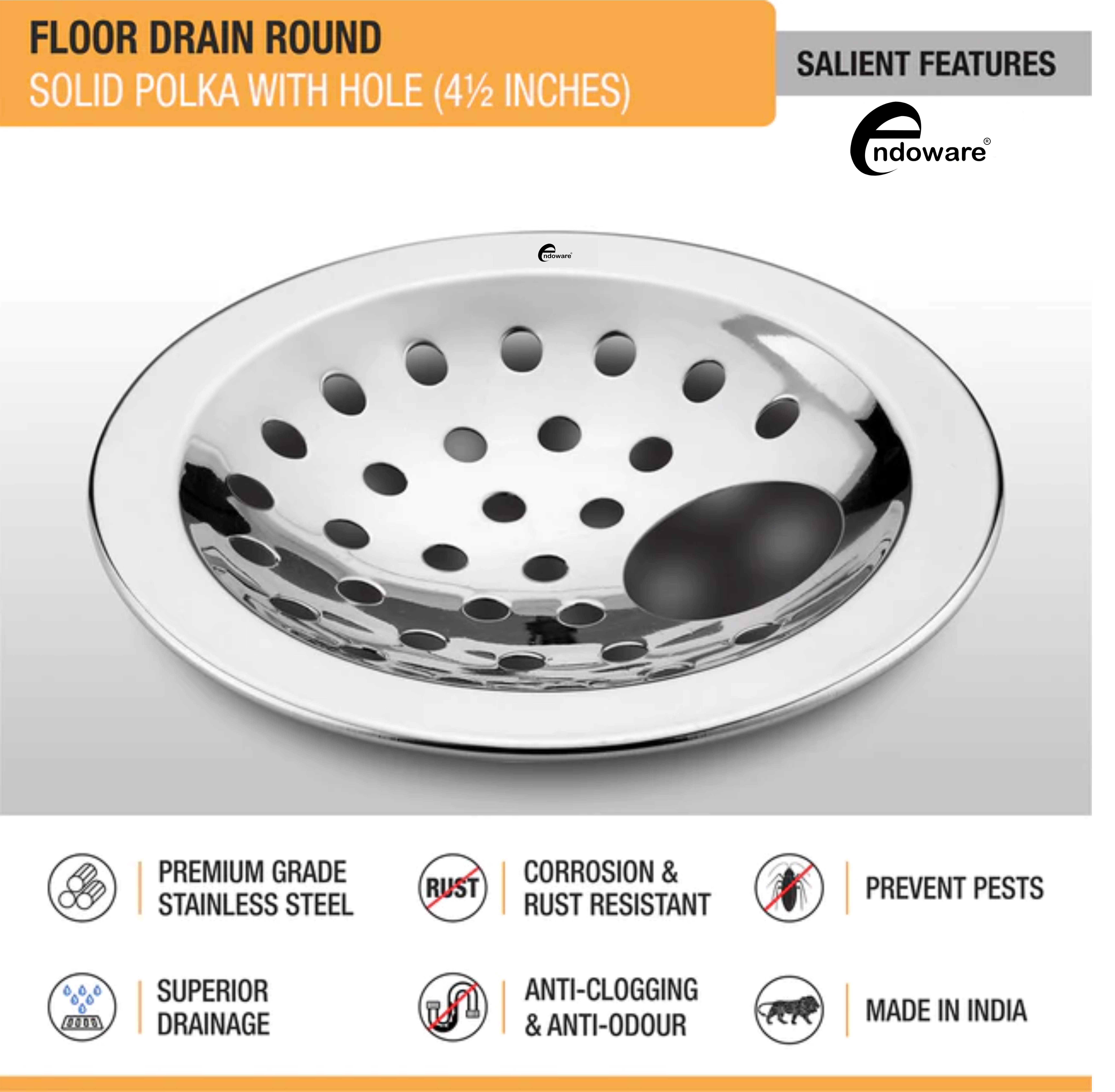 Endoware Solid Polka Round Floor Drain (4½ Inches) with Hole – Set of 2, Durable Stainless Steel