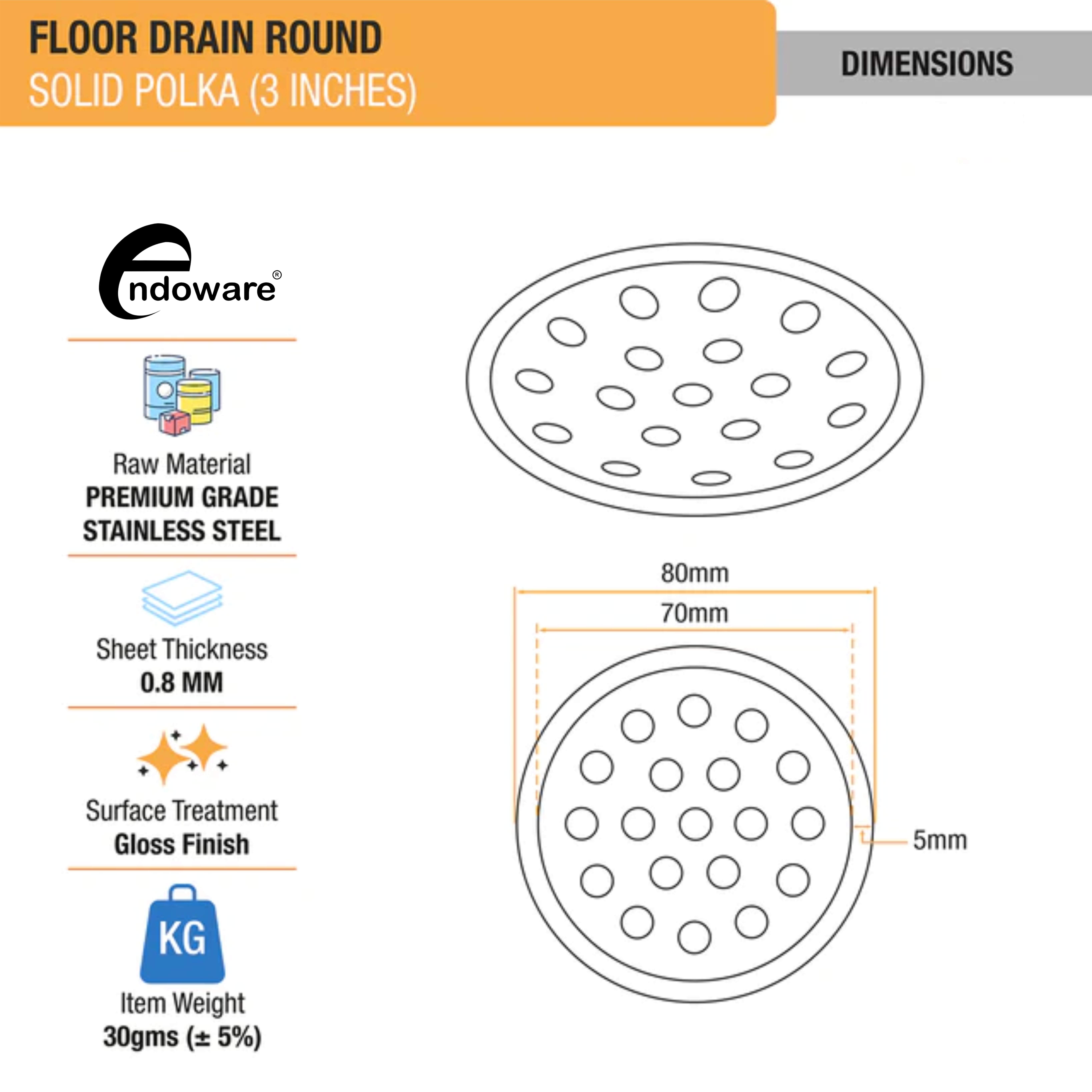 Endoware Solid Polka Round Floor Drain (3 Inches) – Pack of 4, Premium Stainless Steel Design