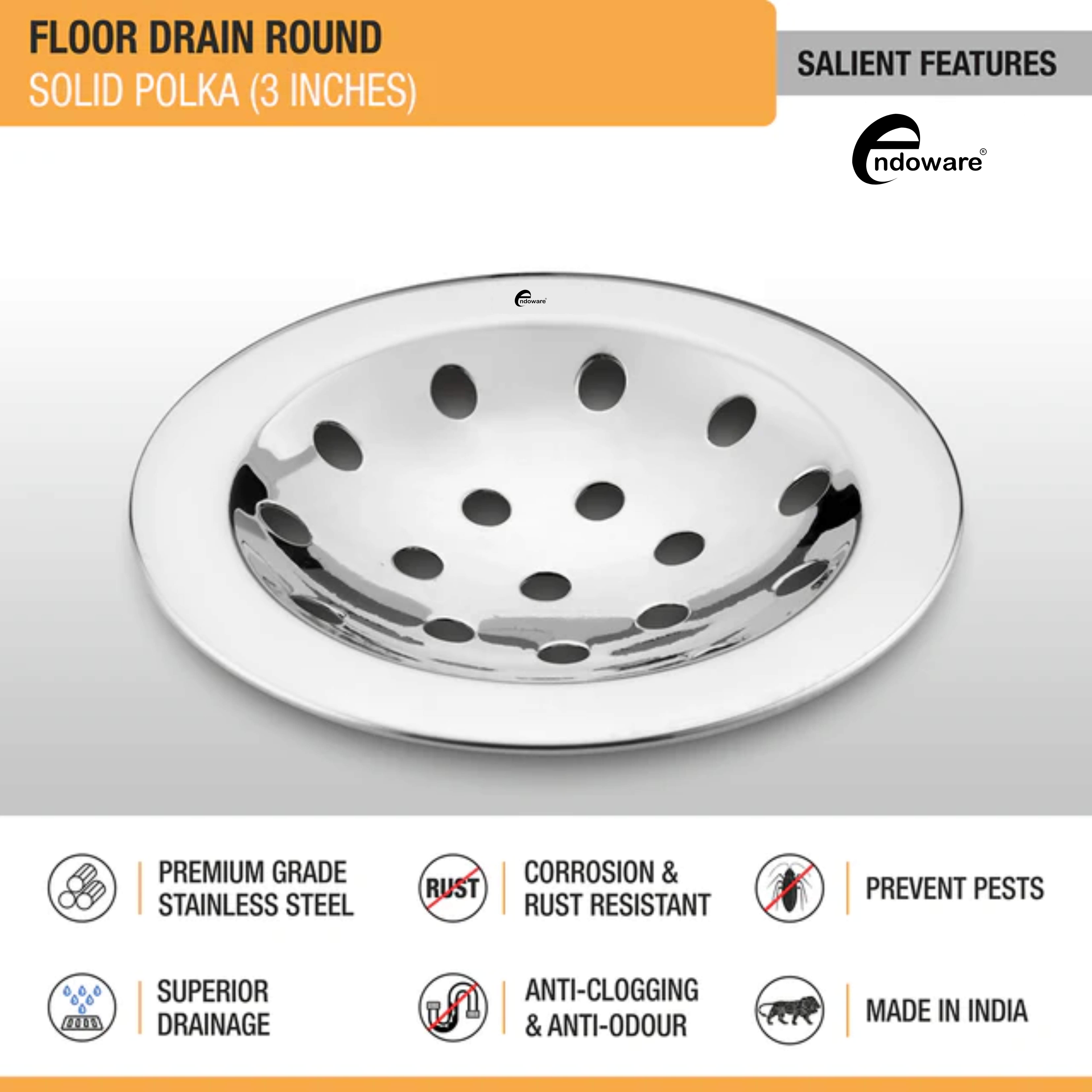 Endoware Solid Polka Round Floor Drain (3 Inches) – Pack of 4, Premium Stainless Steel Design