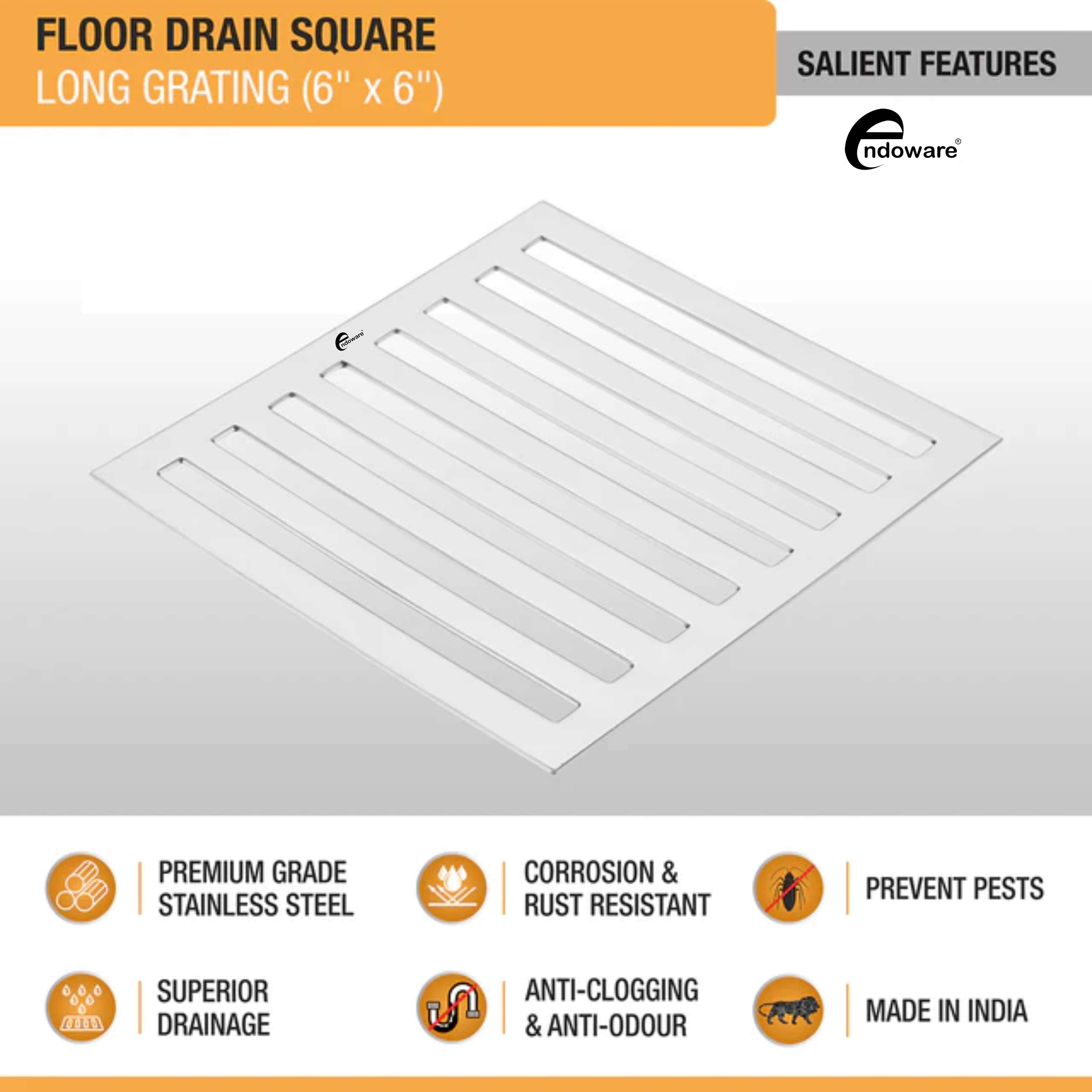 Endoware 6 x 6 Inches Long Grating Floor Drain – Rust-Resistant Stainless Steel, Durable Design