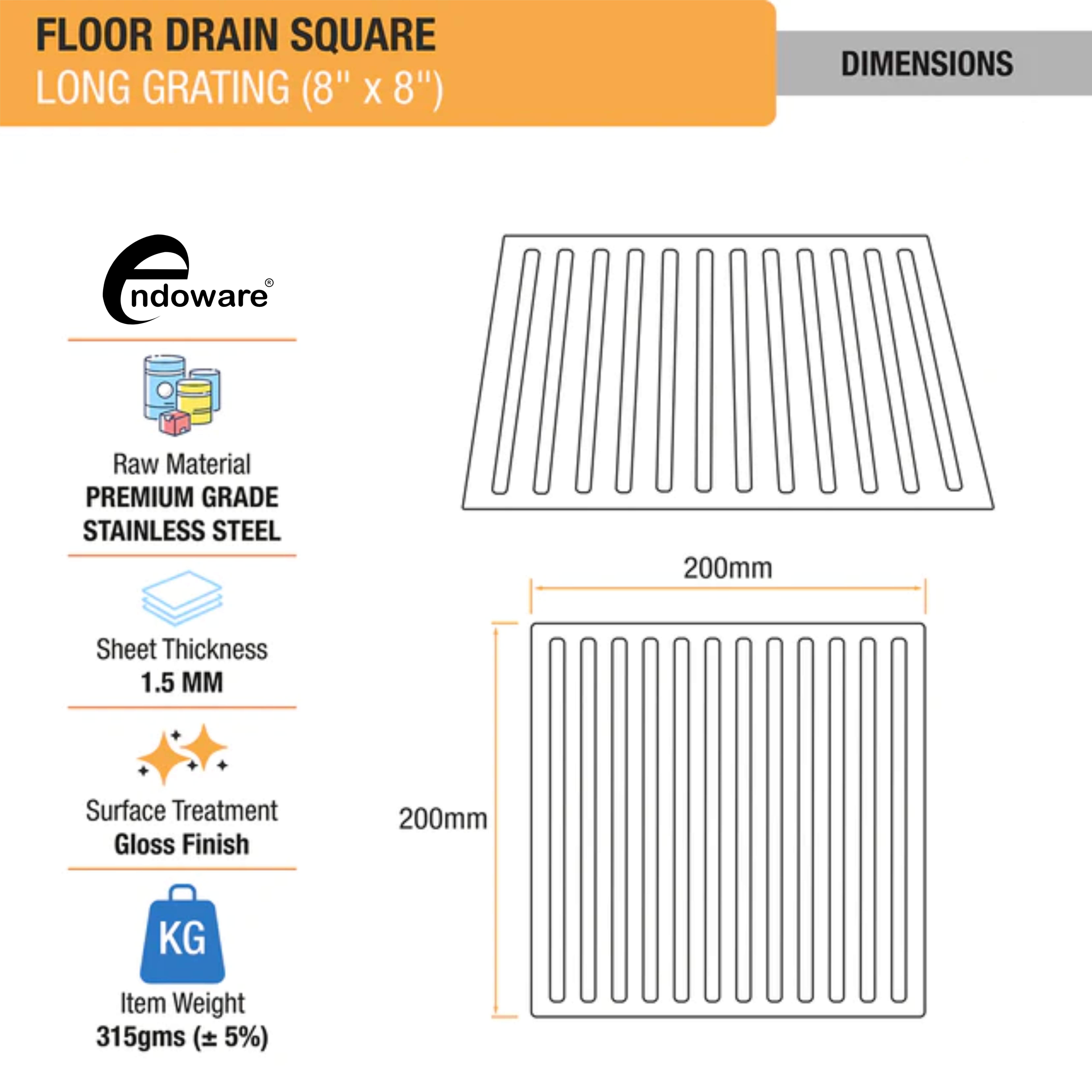 Endoware 8 x 8 Inches Long Grating Floor Drain – Heavy-Duty Stainless Steel, Stylish and Functional