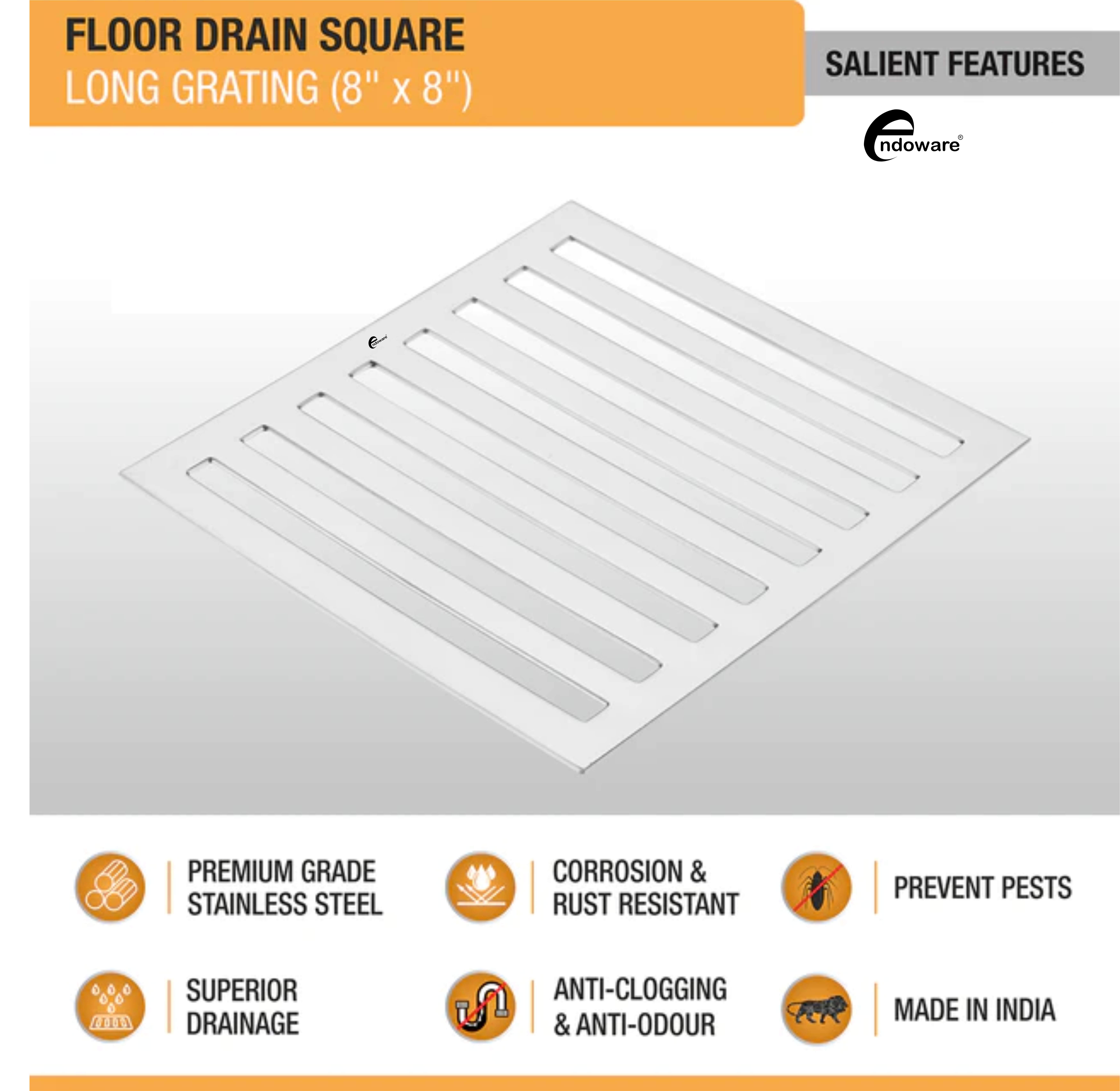 Endoware 8 x 8 Inches Long Grating Floor Drain – Heavy-Duty Stainless Steel, Stylish and Functional