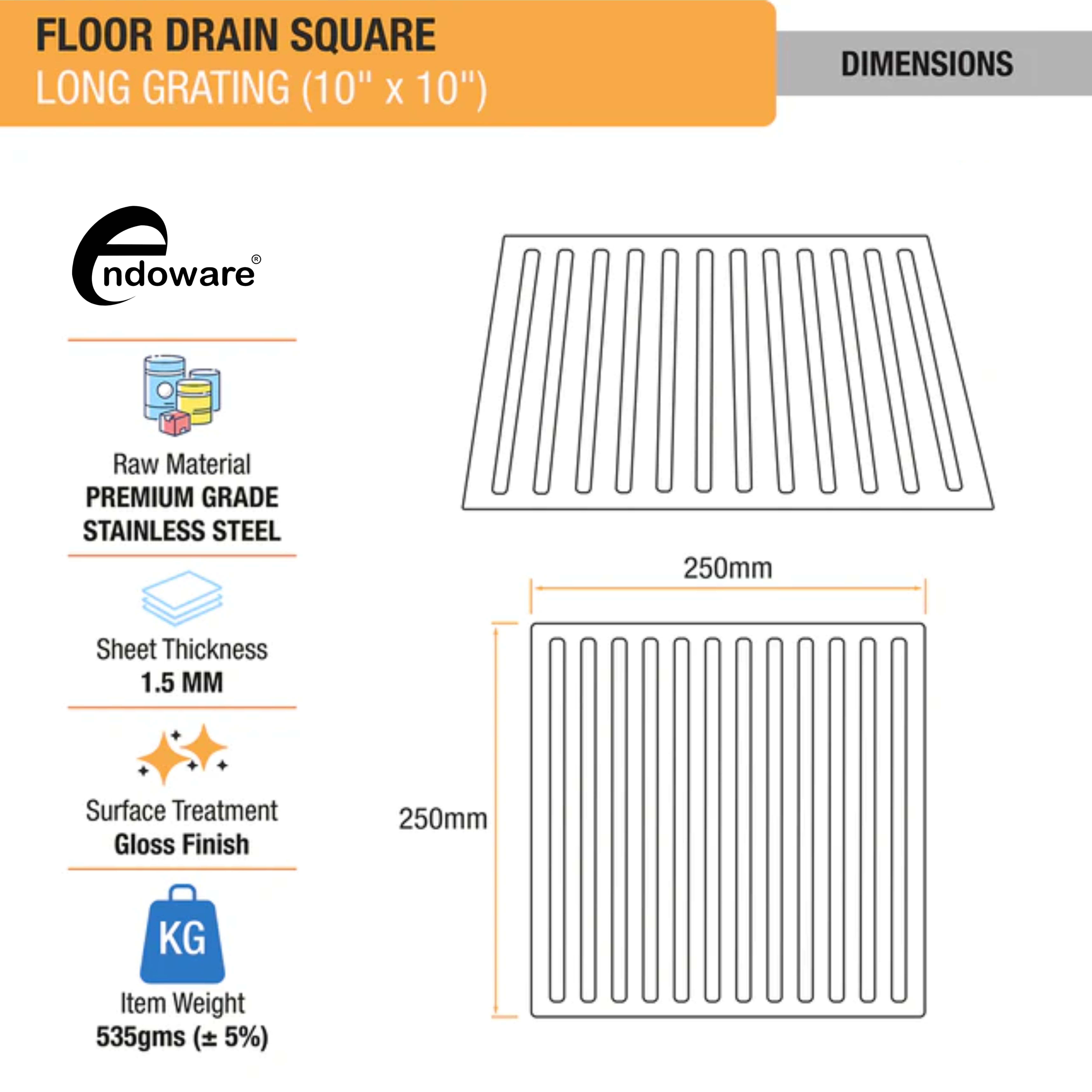 Endoware 10 x 10 Inches Long Grating Floor Drain – Rust-Resistant Stainless Steel, Durable Design