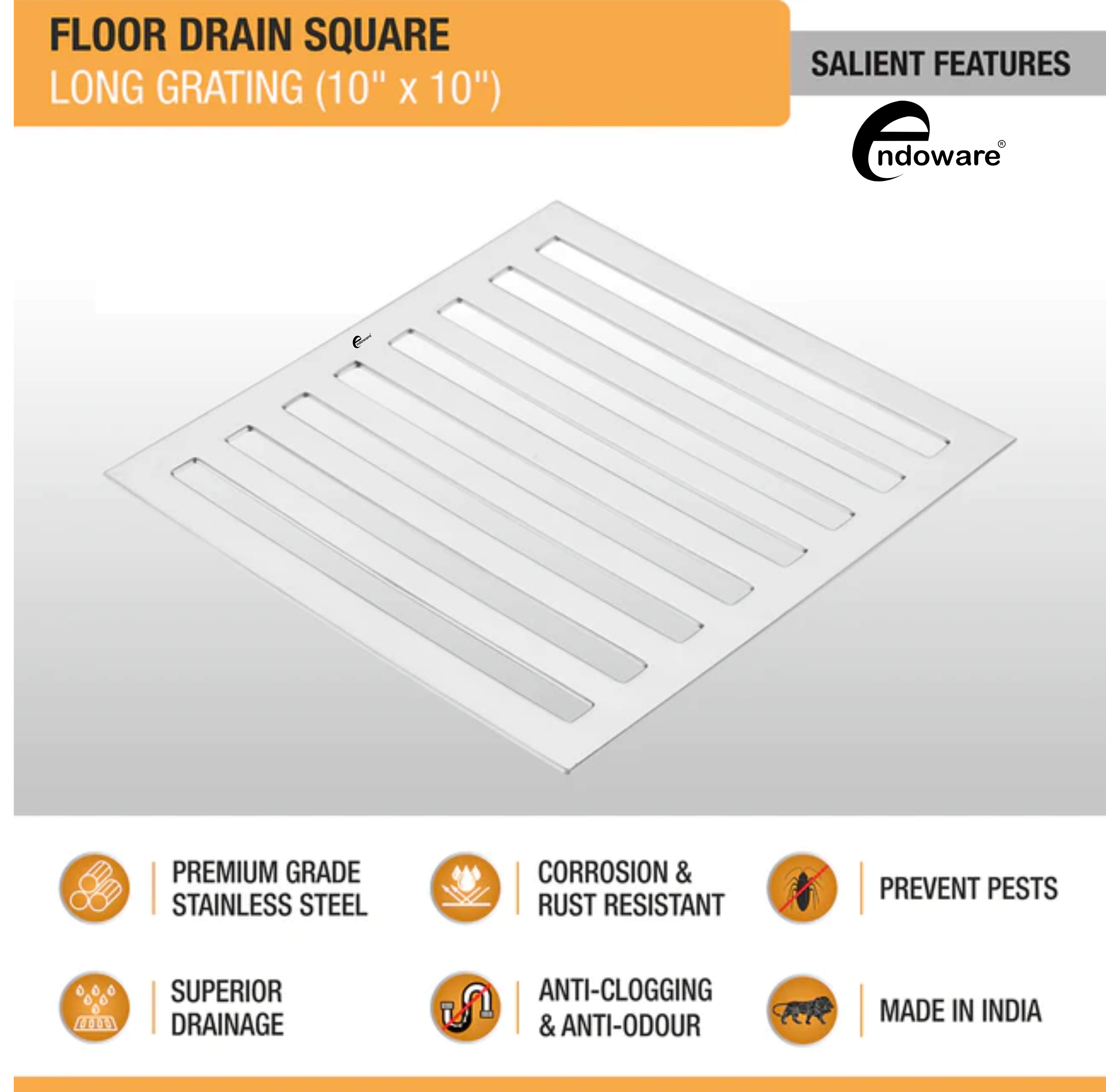 Endoware 10 x 10 Inches Long Grating Floor Drain – Rust-Resistant Stainless Steel, Durable Design