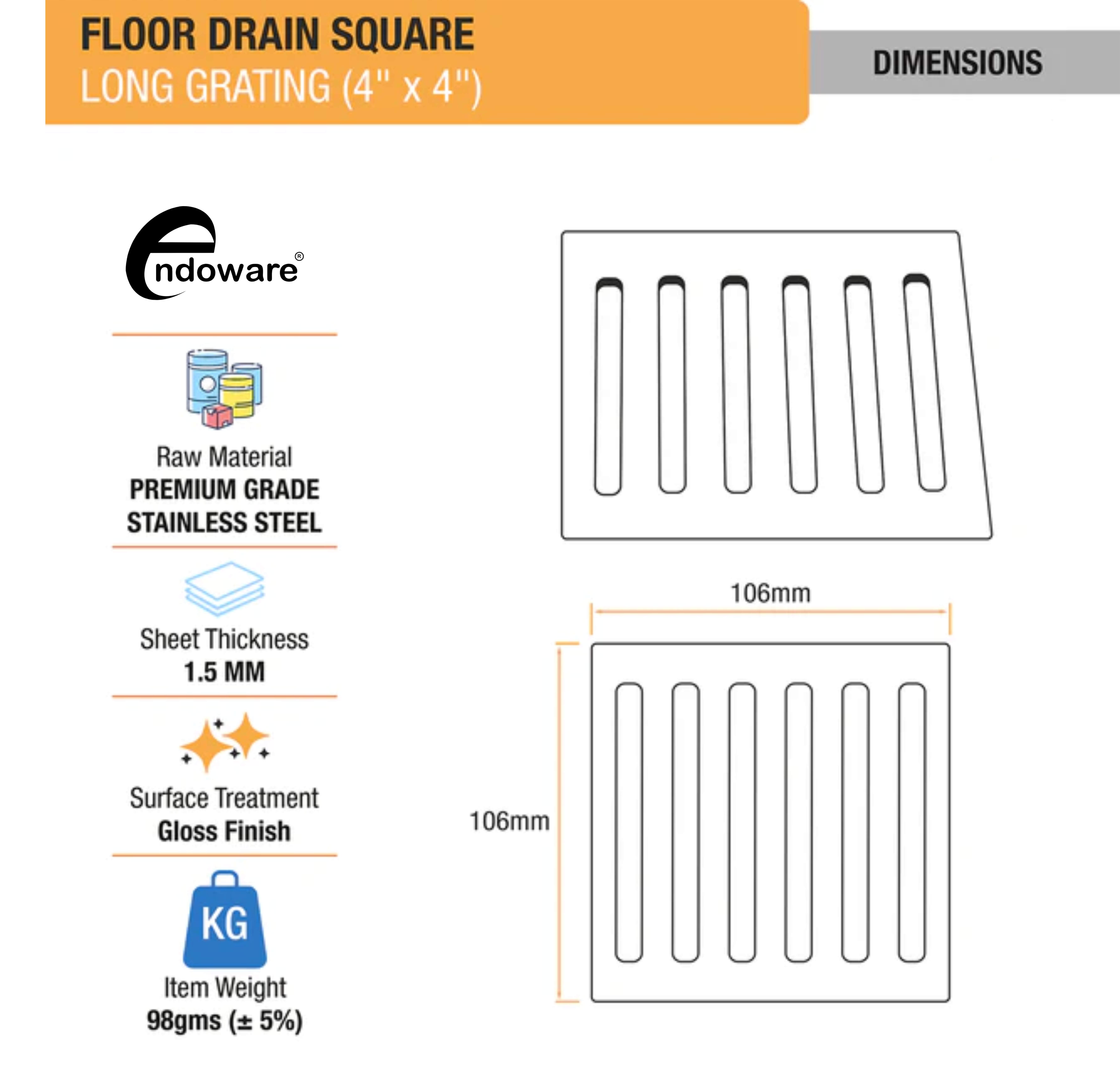 Endoware 4 x 4 Inches Long Grating Floor Drain – Set of 2, Durable Stainless Steel with Easy Drainage