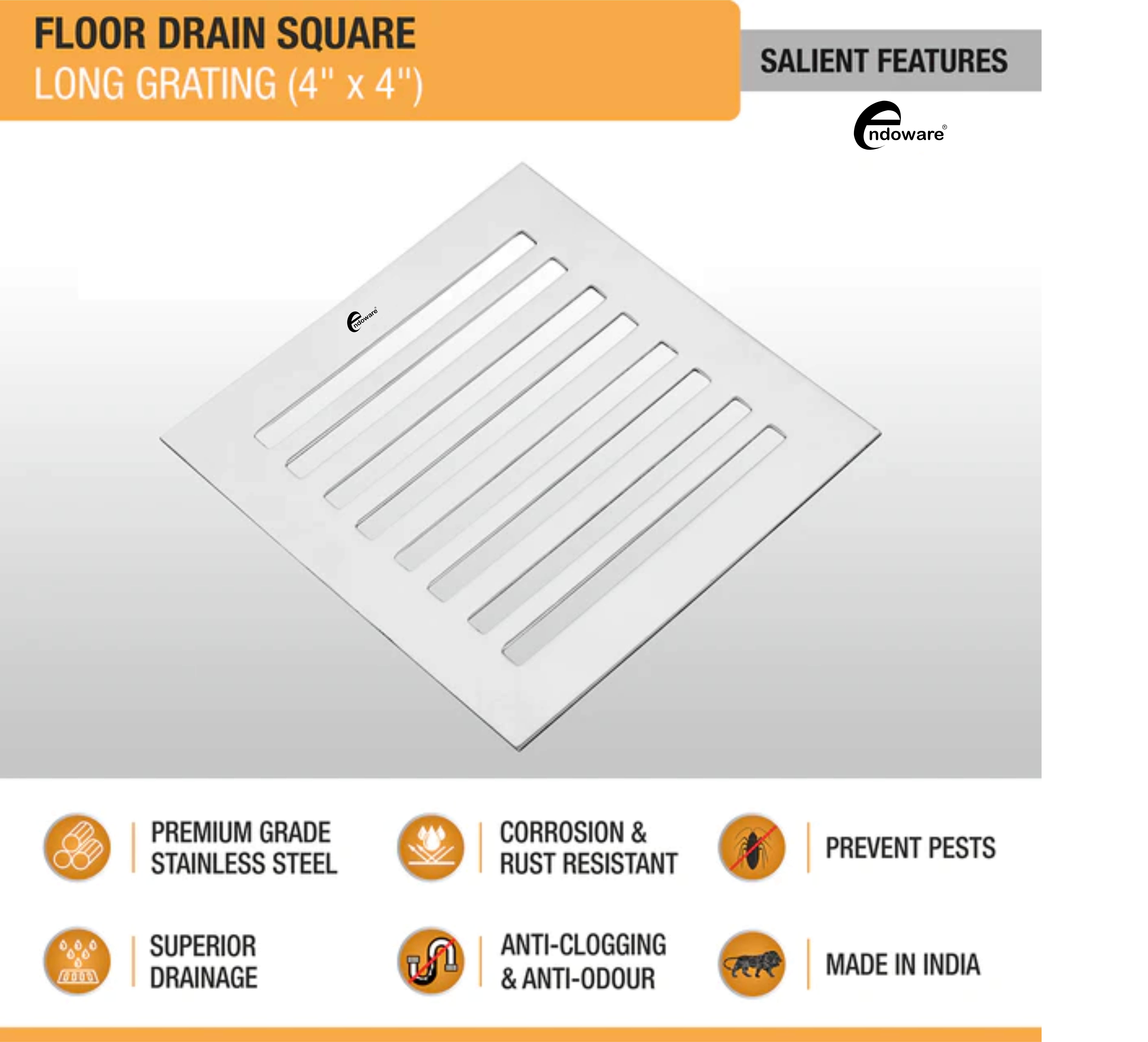 Endoware 4 x 4 Inches Long Grating Floor Drain – Set of 2, Durable Stainless Steel with Easy Drainage