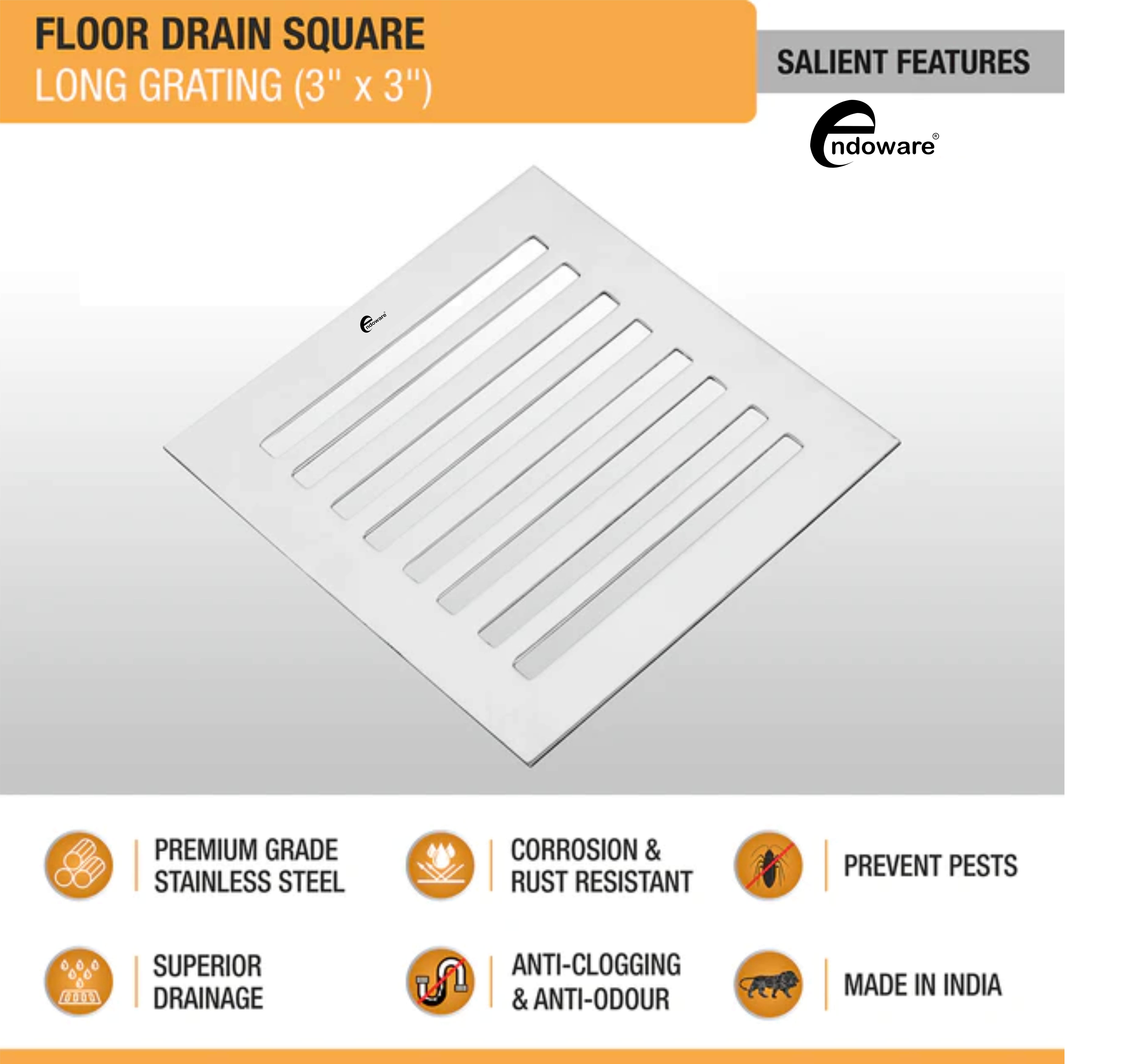 Endoware Long Grating Floor Drain (3 x 3 Inches) – Pack of 4, Sleek and Durable Stainless Steel
