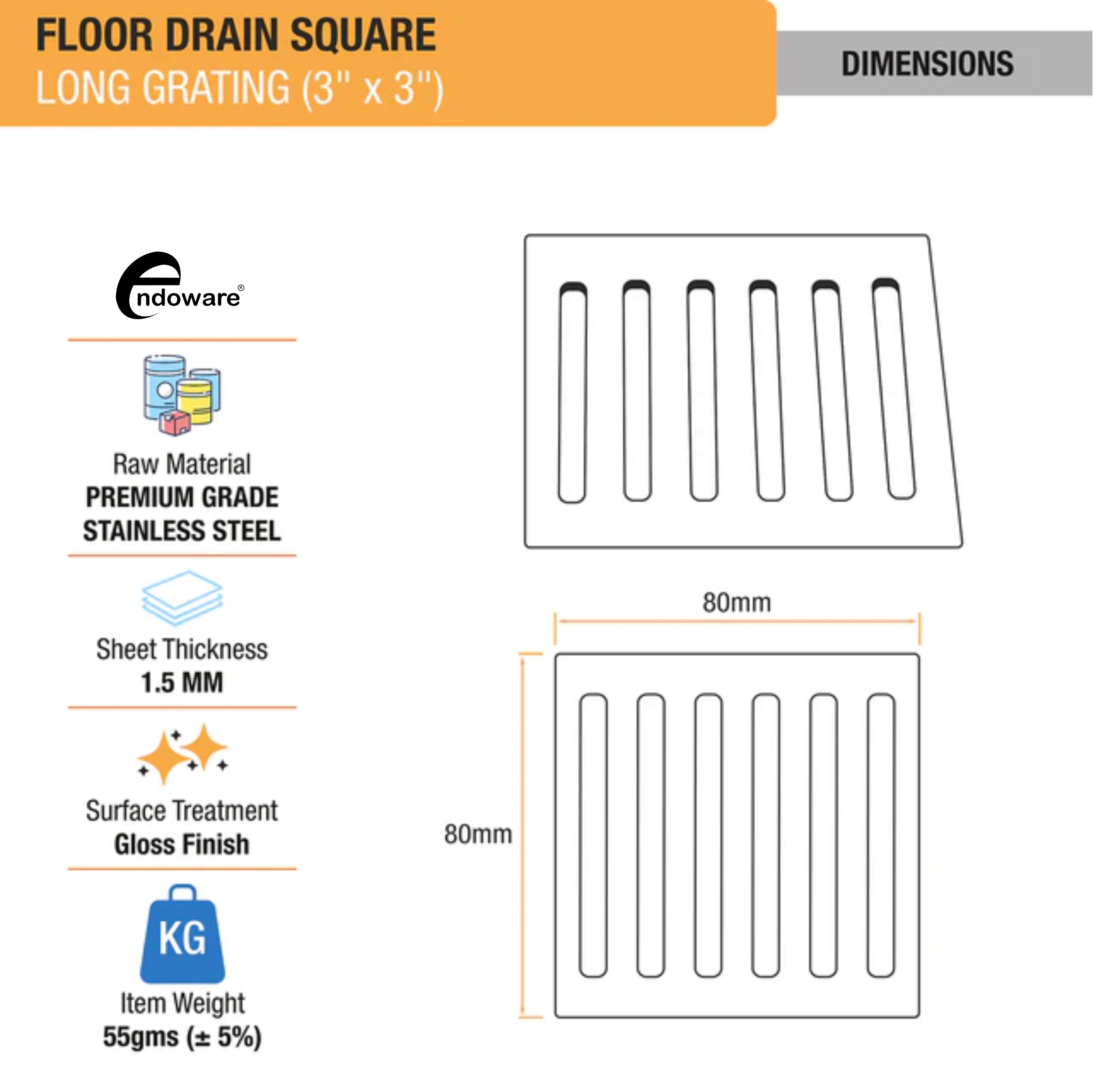 Endoware Long Grating Floor Drain (3 x 3 Inches) – Pack of 4, Sleek and Durable Stainless Steel