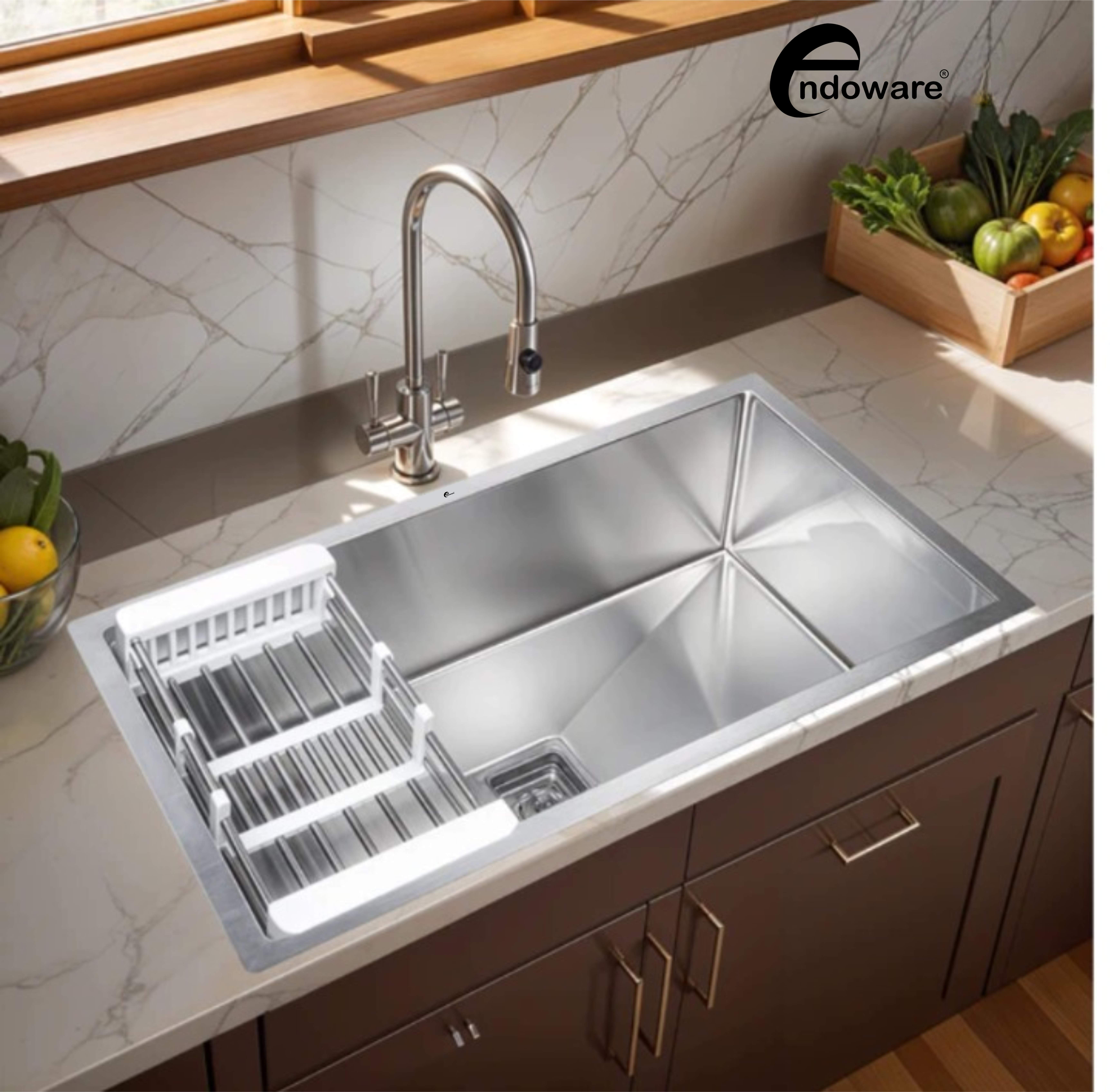 Endoware Handmade Single Bowl Kitchen Sink (32 x 20 x 10 Inches) – High-Quality Stainless Steel, Deep Basin