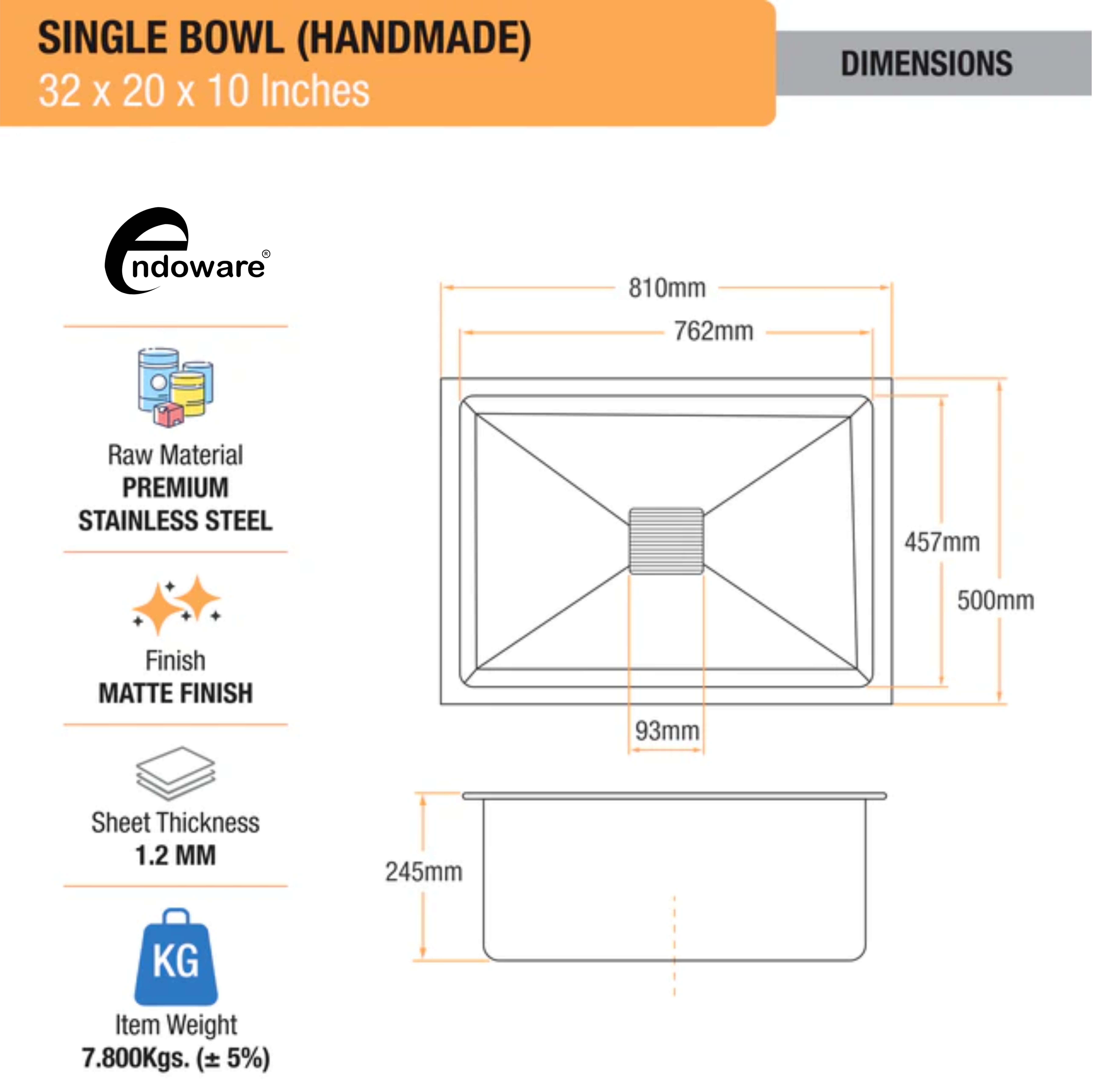Endoware Handmade Single Bowl Kitchen Sink (32 x 20 x 10 Inches) – High-Quality Stainless Steel, Deep Basin