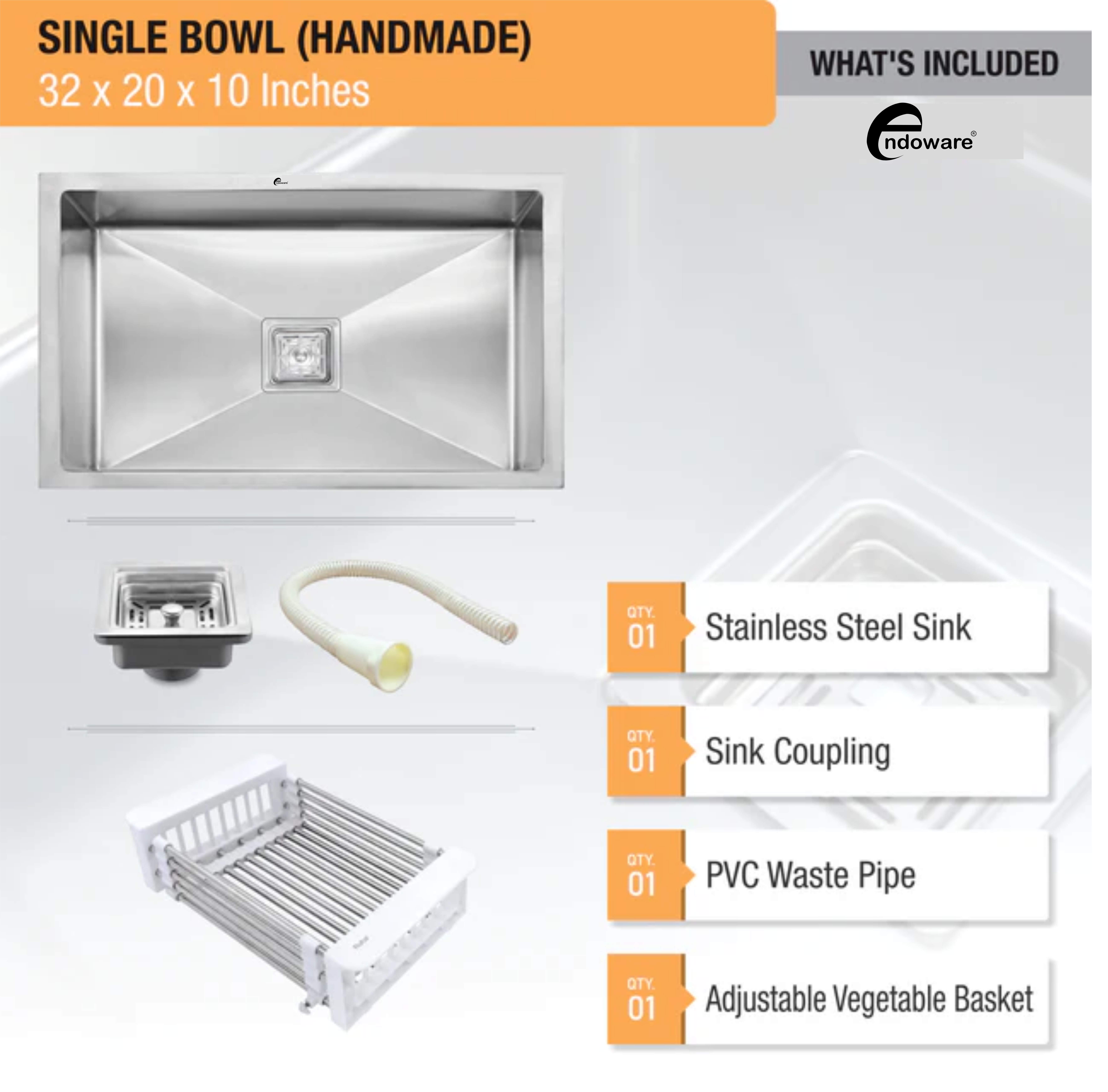 Endoware Handmade Single Bowl Kitchen Sink (32 x 20 x 10 Inches) – High-Quality Stainless Steel, Deep Basin