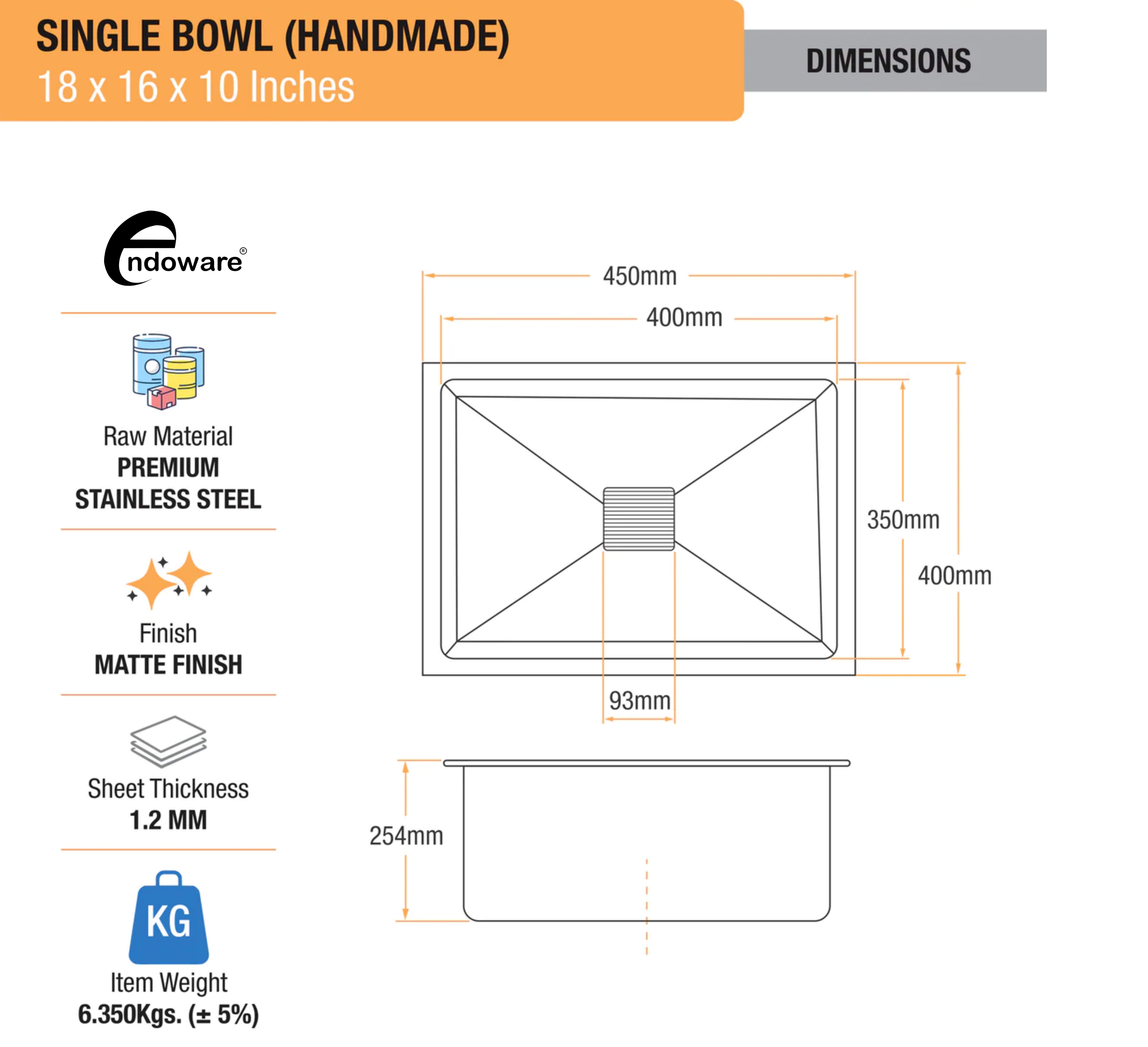 Endoware Handmade Single Bowl Kitchen Sink (18 x 16 x 10 Inches) – High-Performance Stainless Steel, Elegant and Durable