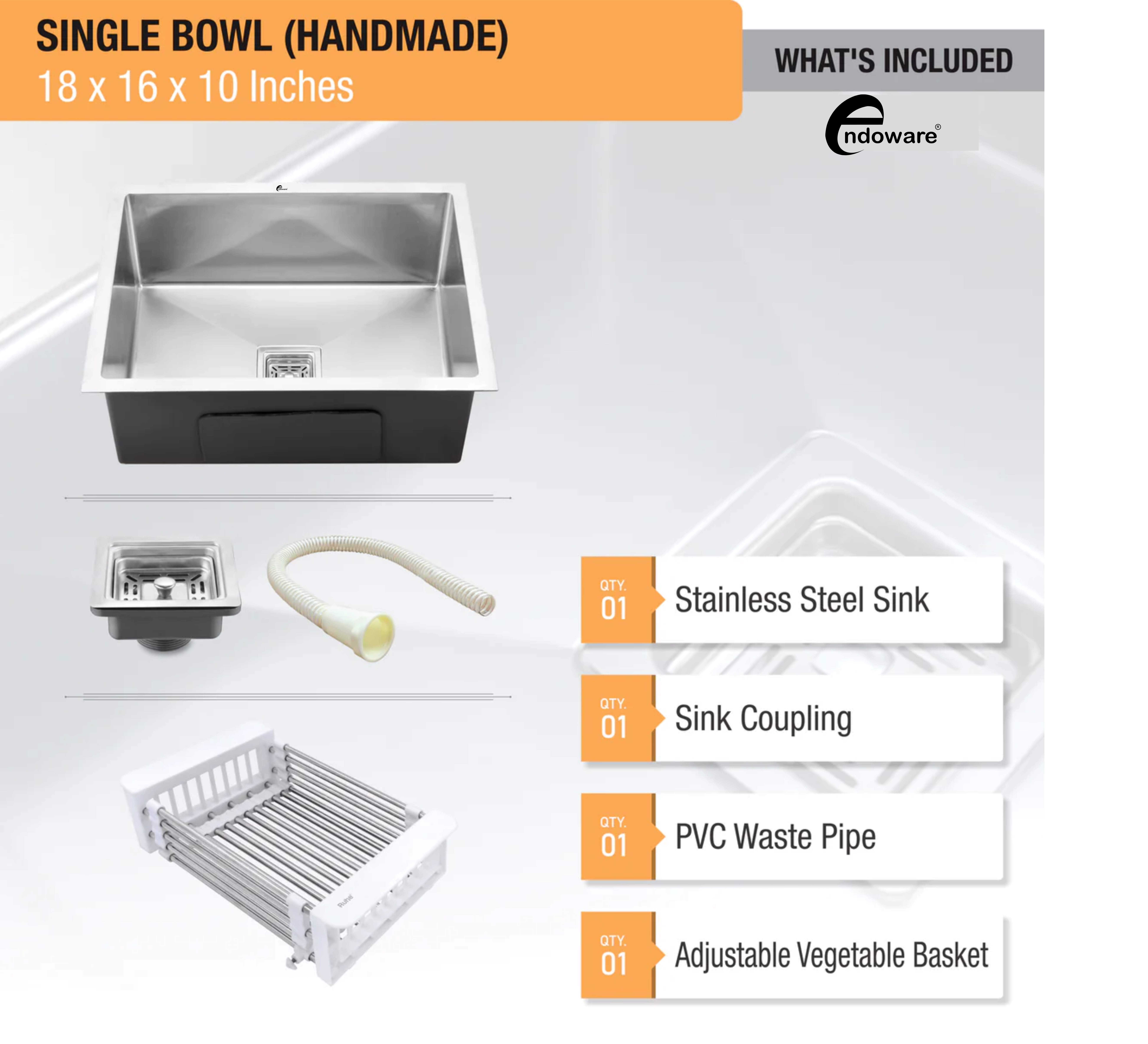 Endoware Handmade Single Bowl Kitchen Sink (18 x 16 x 10 Inches) – High-Performance Stainless Steel, Elegant and Durable