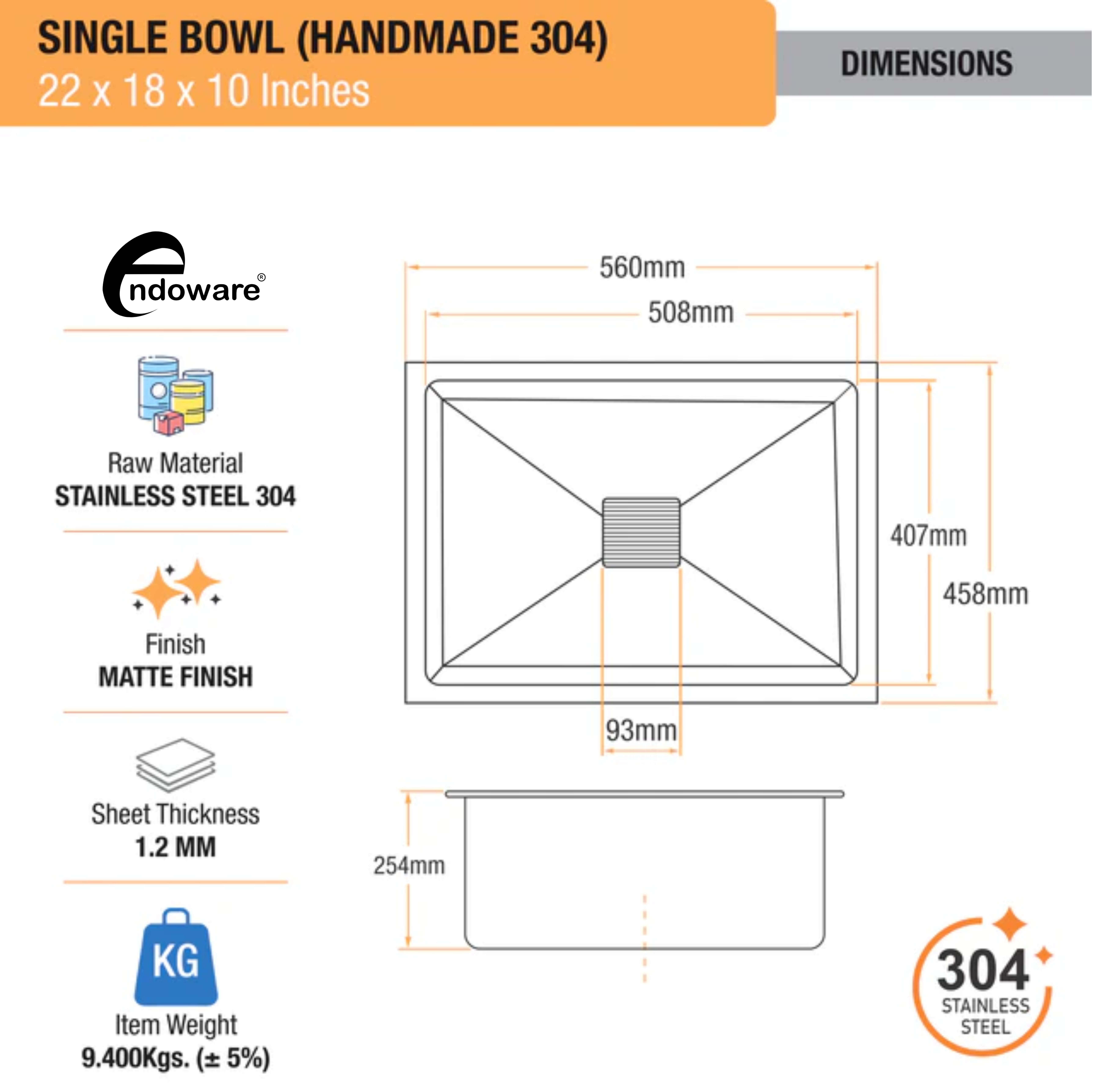 Endoware 22 x 18 x 10 Inches Handmade Single Bowl Sink – 304-Grade Stainless Steel, Sleek and Long-Lasting