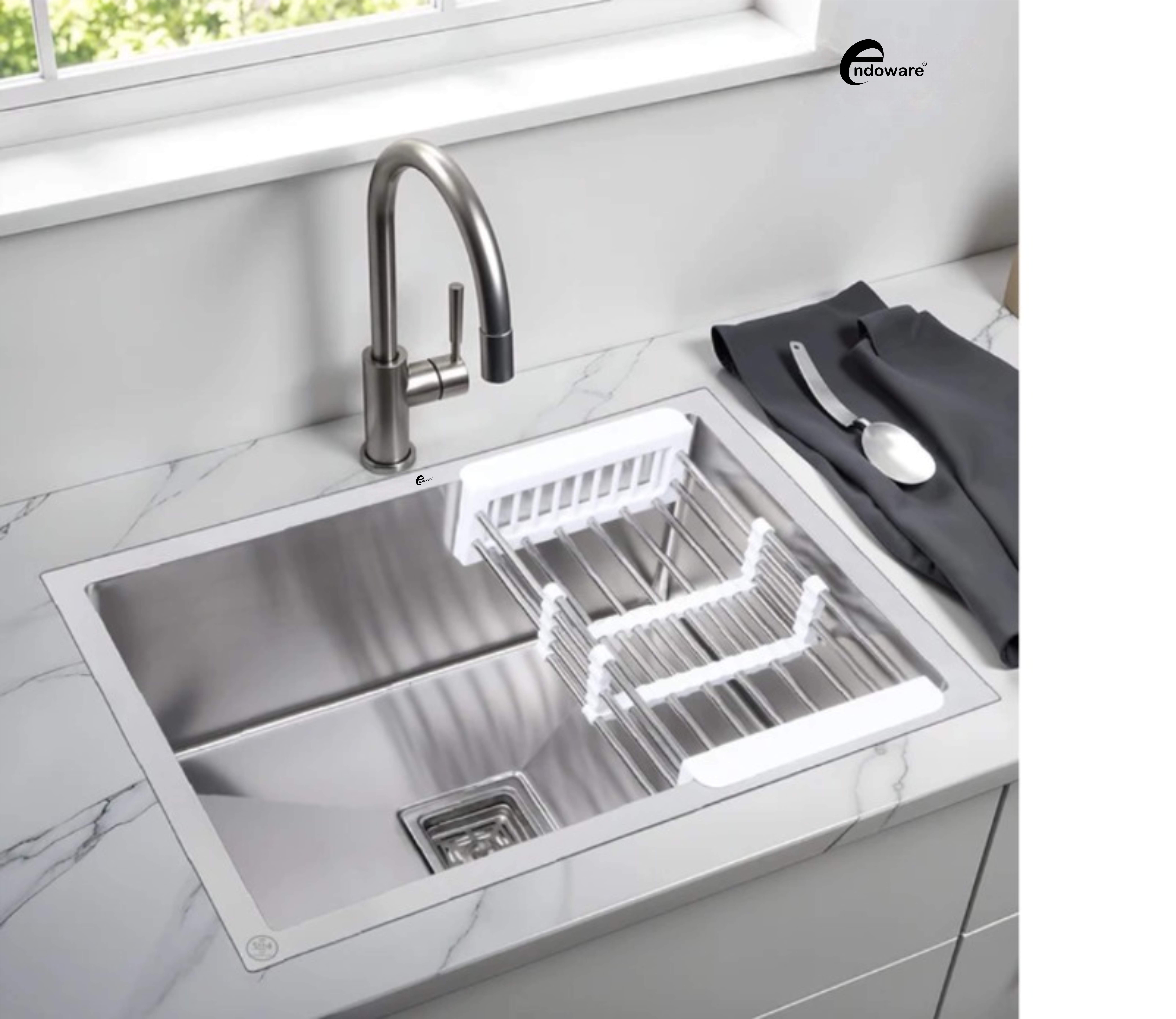 Endoware 22 x 18 x 10 Inches Handmade Single Bowl Sink – 304-Grade Stainless Steel, Sleek and Long-Lasting