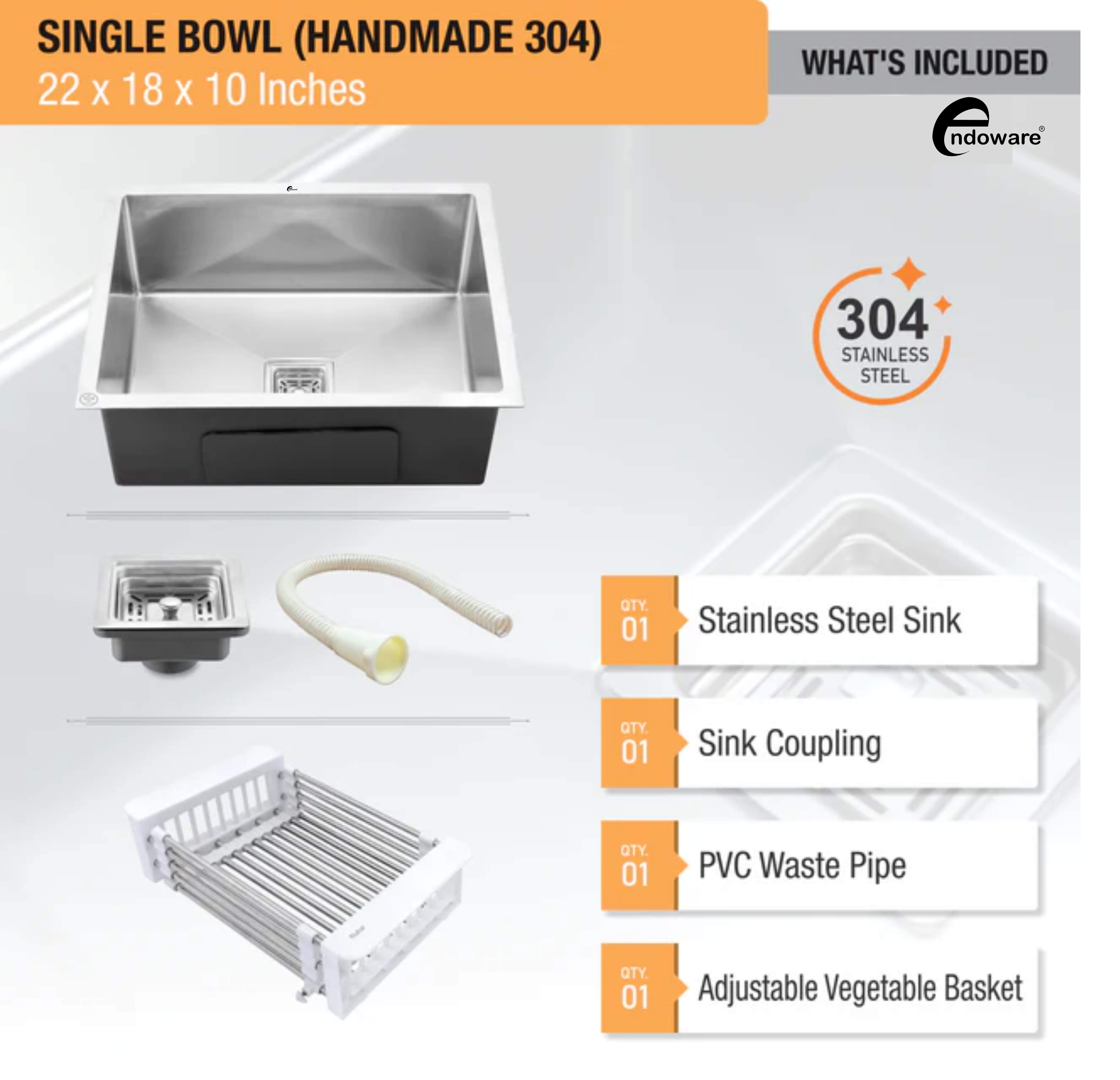 Endoware 22 x 18 x 10 Inches Handmade Single Bowl Sink – 304-Grade Stainless Steel, Sleek and Long-Lasting