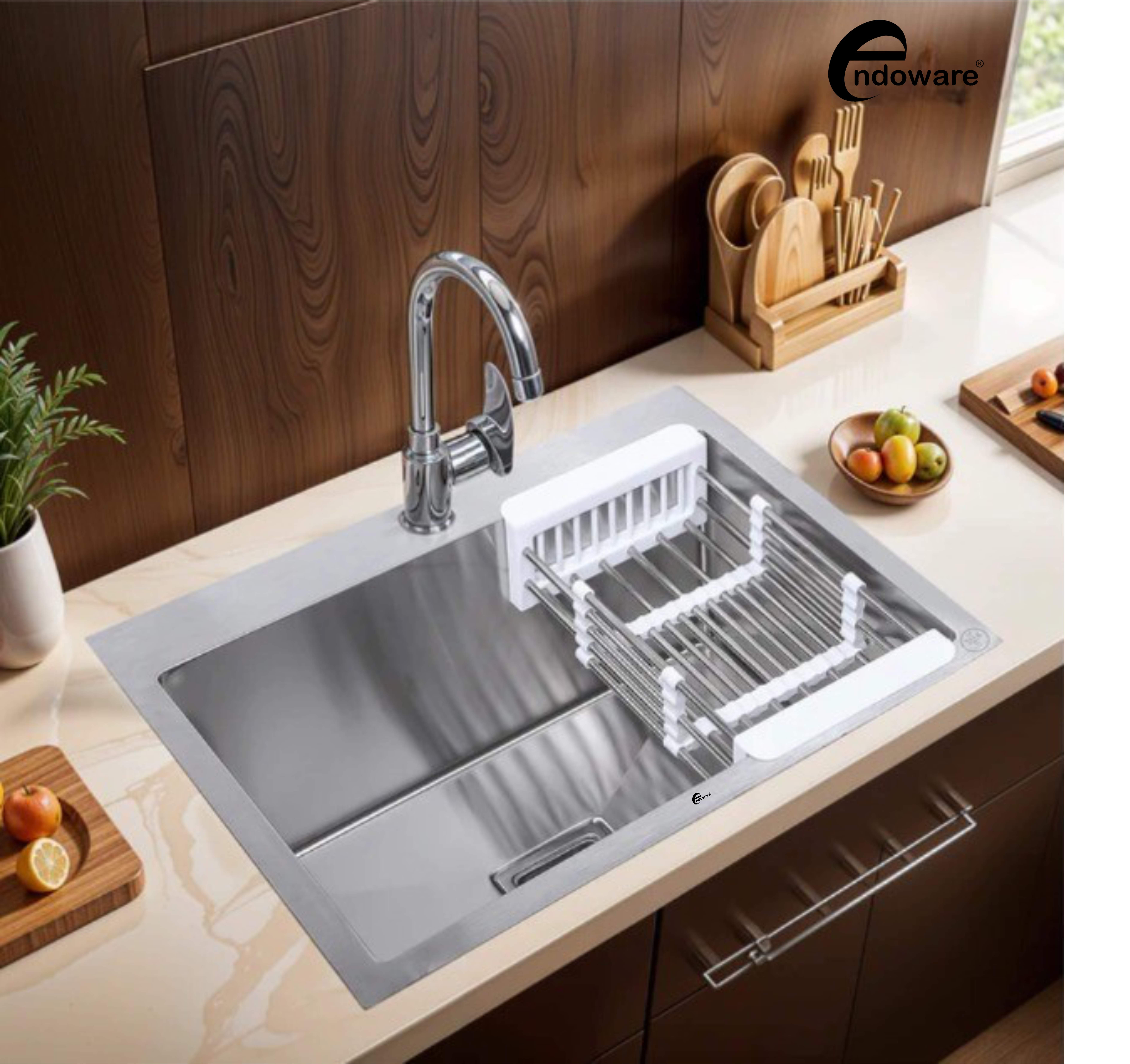 Endoware 20 x 17 x 10 Inches Handmade Single Bowl Sink with Tap Hole – Rust-Resistant 304-Grade Stainless Steel, Deep and Spacious