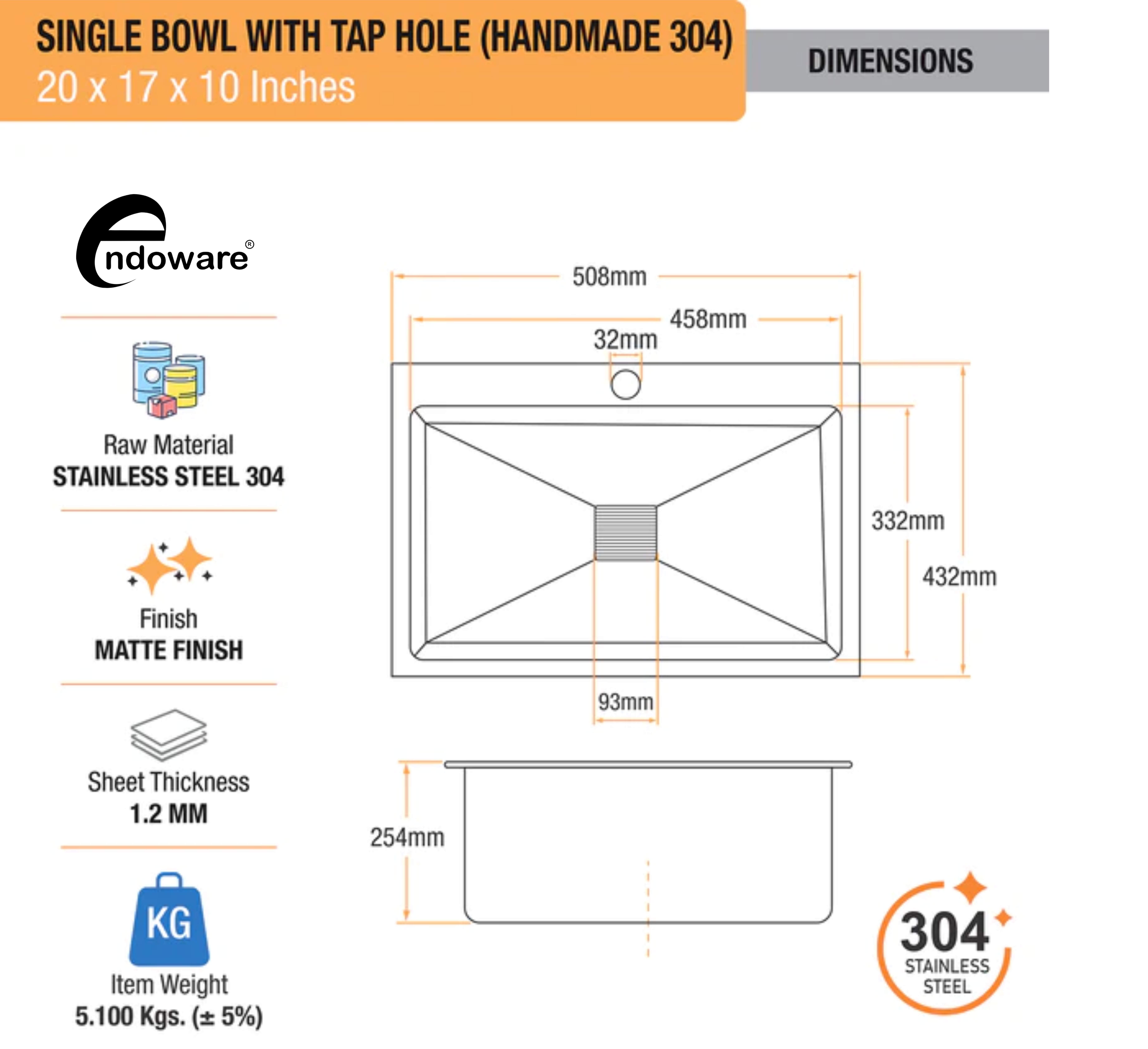 Endoware 20 x 17 x 10 Inches Handmade Single Bowl Sink with Tap Hole – Rust-Resistant 304-Grade Stainless Steel, Deep and Spacious