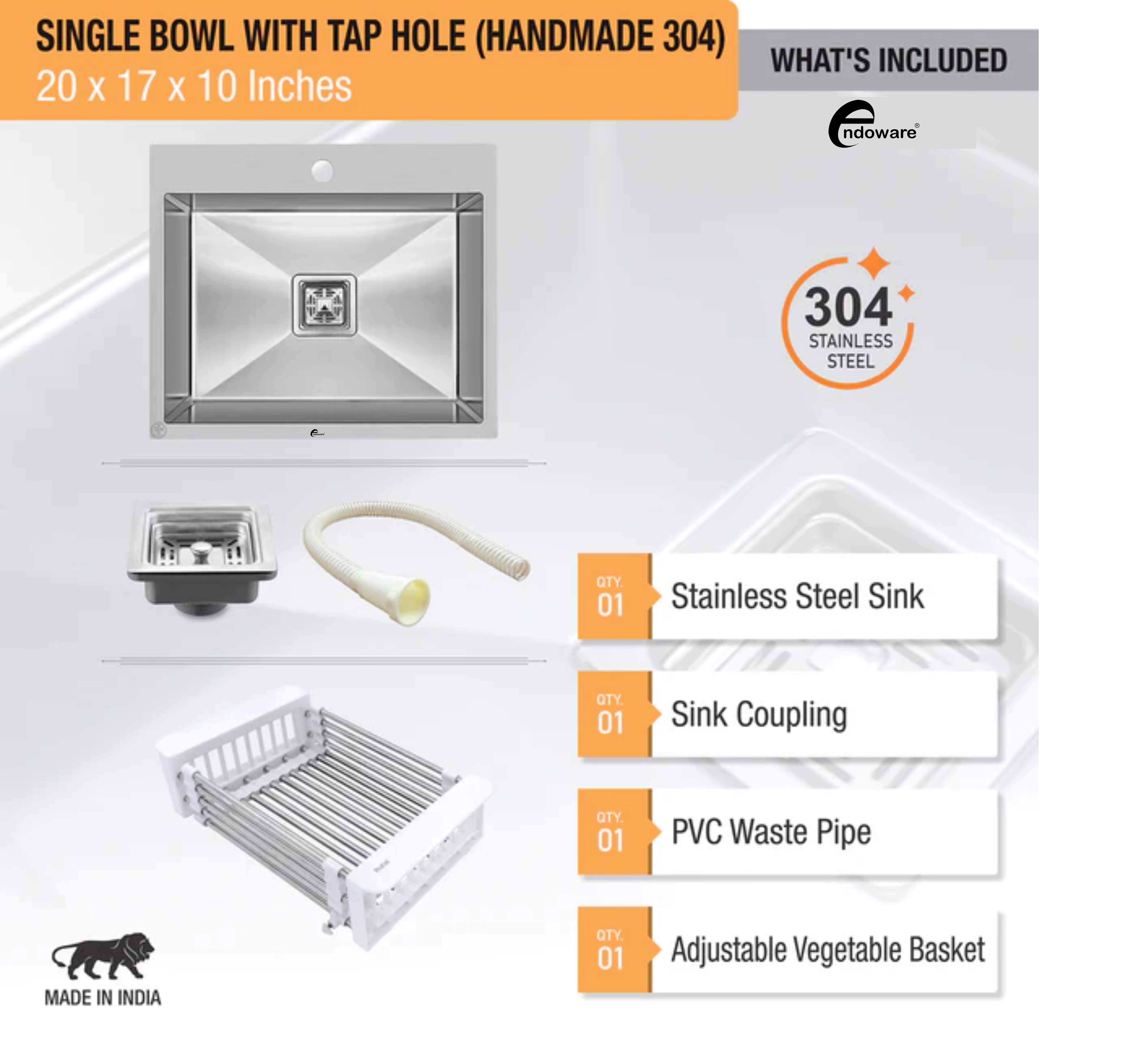 Endoware 20 x 17 x 10 Inches Handmade Single Bowl Sink with Tap Hole – Rust-Resistant 304-Grade Stainless Steel, Deep and Spacious