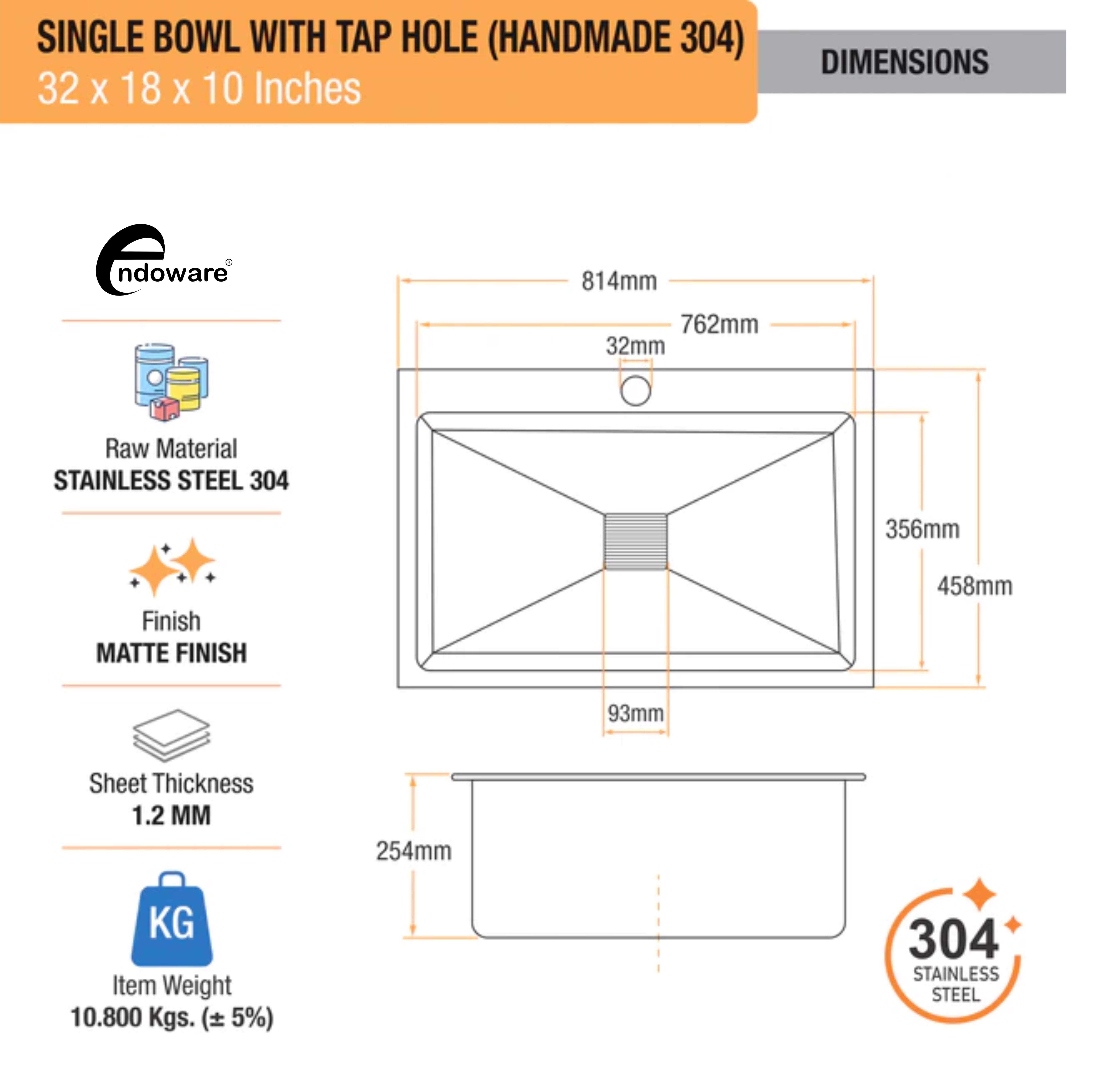 Endoware 32 x 18 x 10 Inches Handmade Single Bowl Sink with Tap Hole – 304-Grade Stainless Steel, Deep and Practical