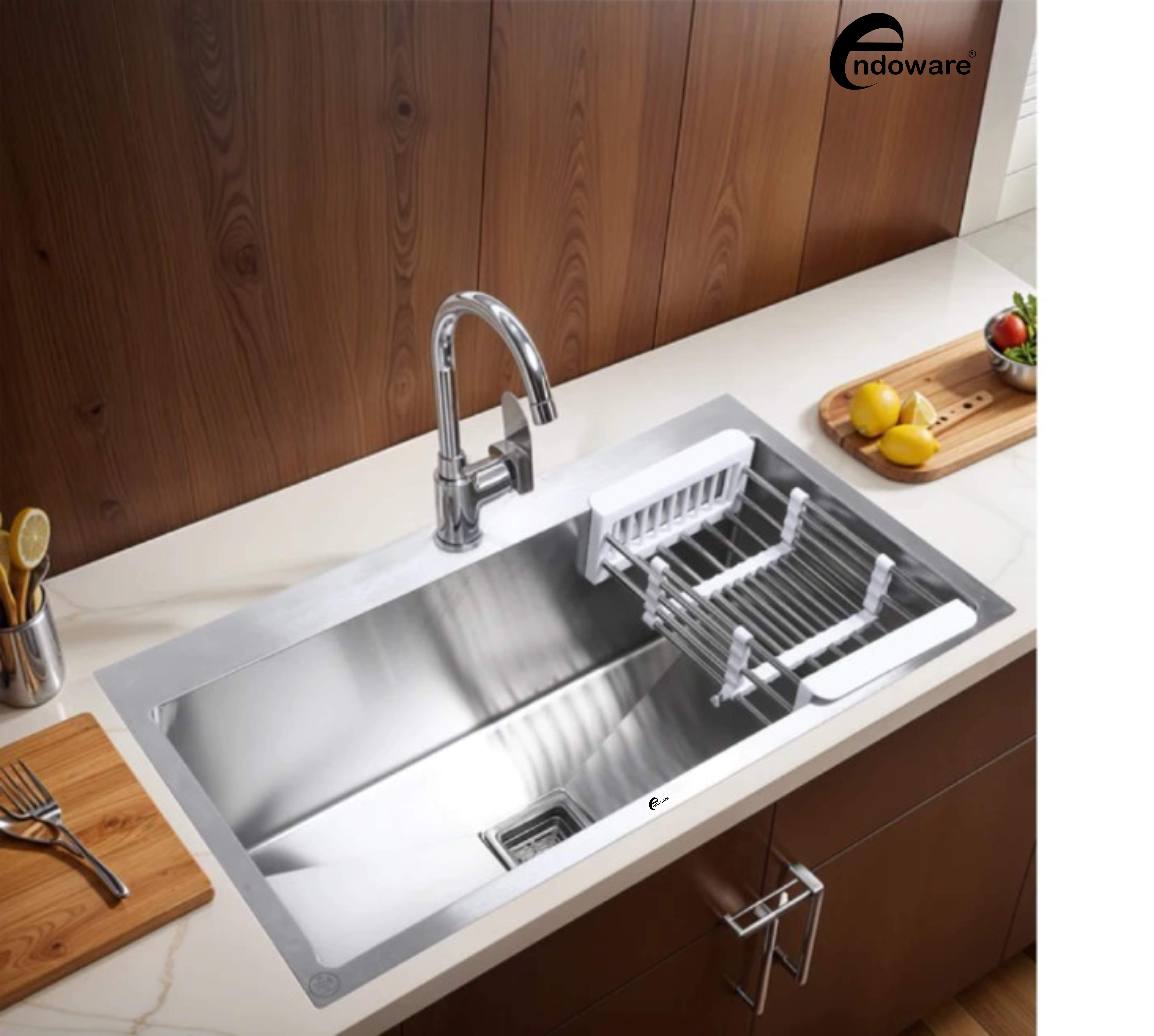 Endoware 32 x 18 x 10 Inches Handmade Single Bowl Sink with Tap Hole – 304-Grade Stainless Steel, Deep and Practical