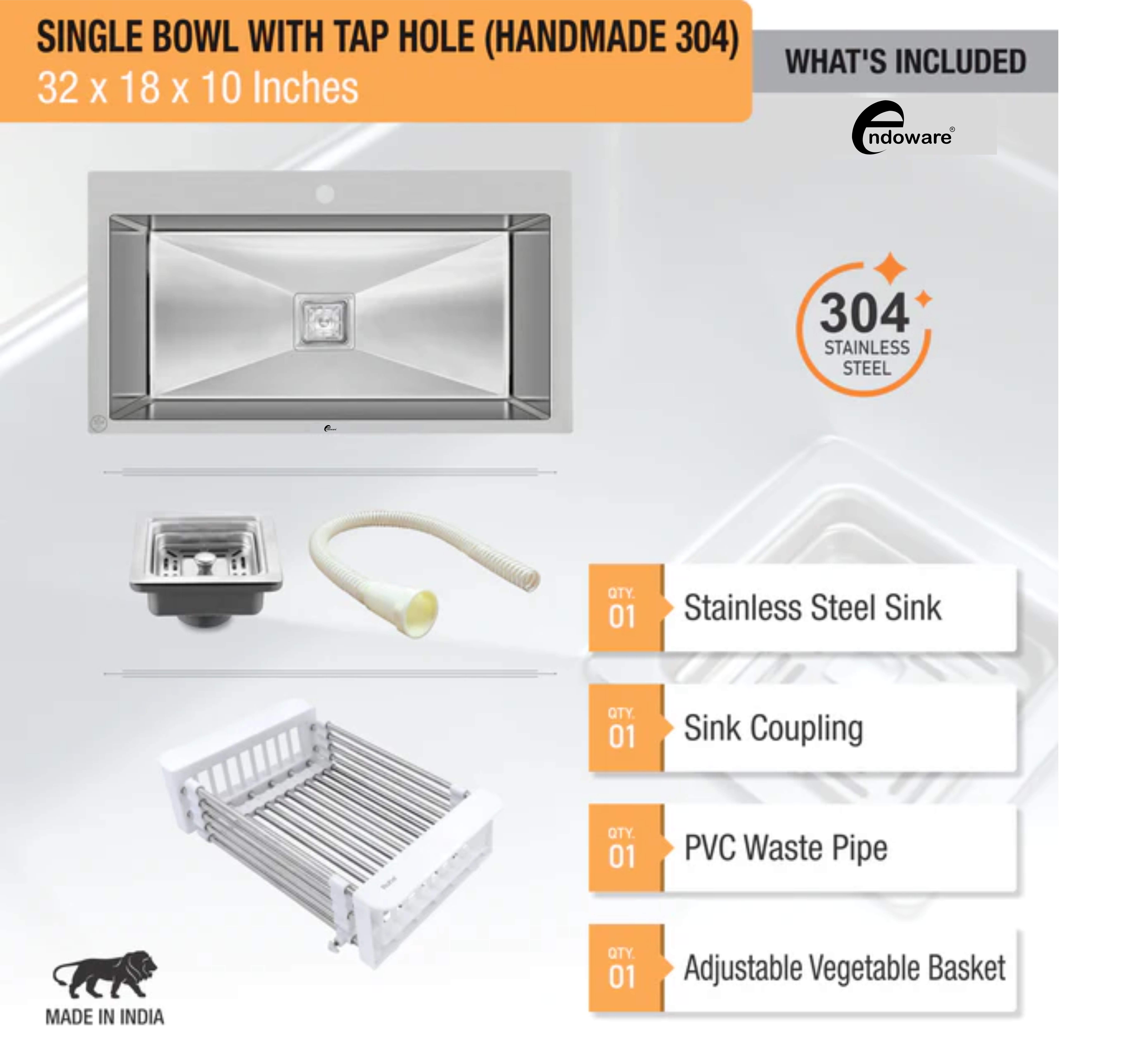 Endoware 32 x 18 x 10 Inches Handmade Single Bowl Sink with Tap Hole – 304-Grade Stainless Steel, Deep and Practical