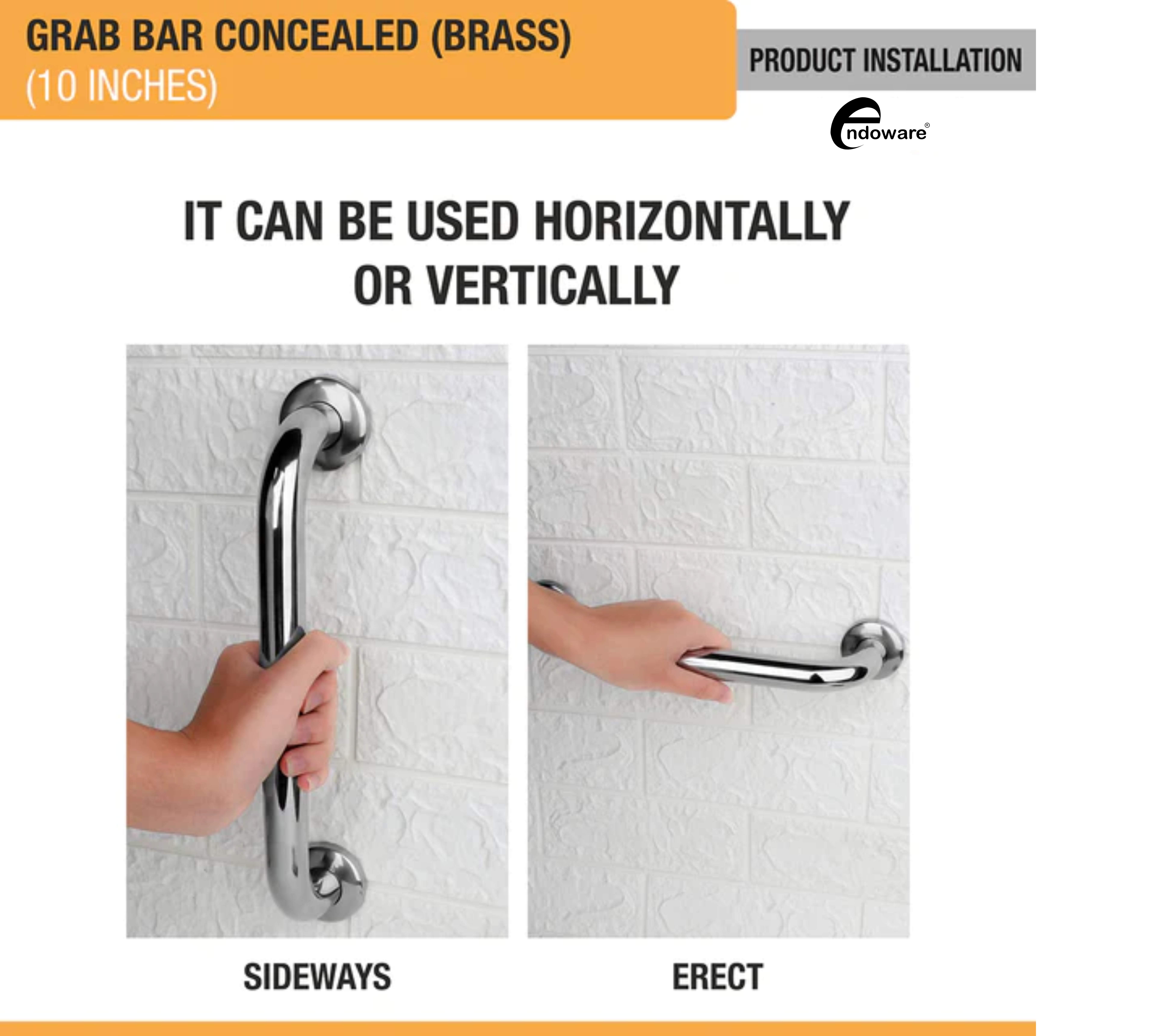 Endoware Brass Grab Bar (10 Inch) – Sleek & Concealed Design for Modern Bathrooms