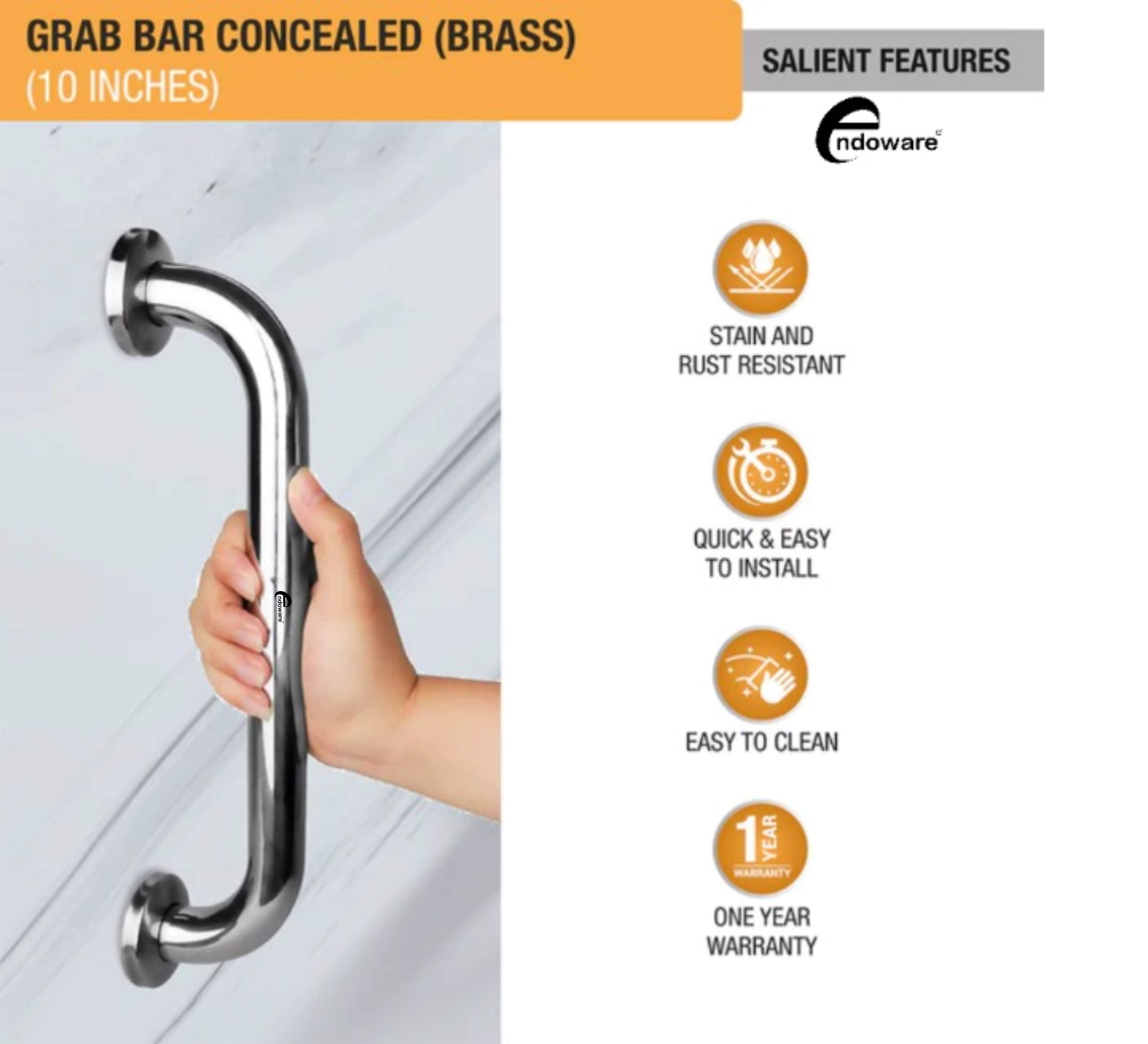 Endoware Brass Grab Bar (10 Inch) – Sleek & Concealed Design for Modern Bathrooms
