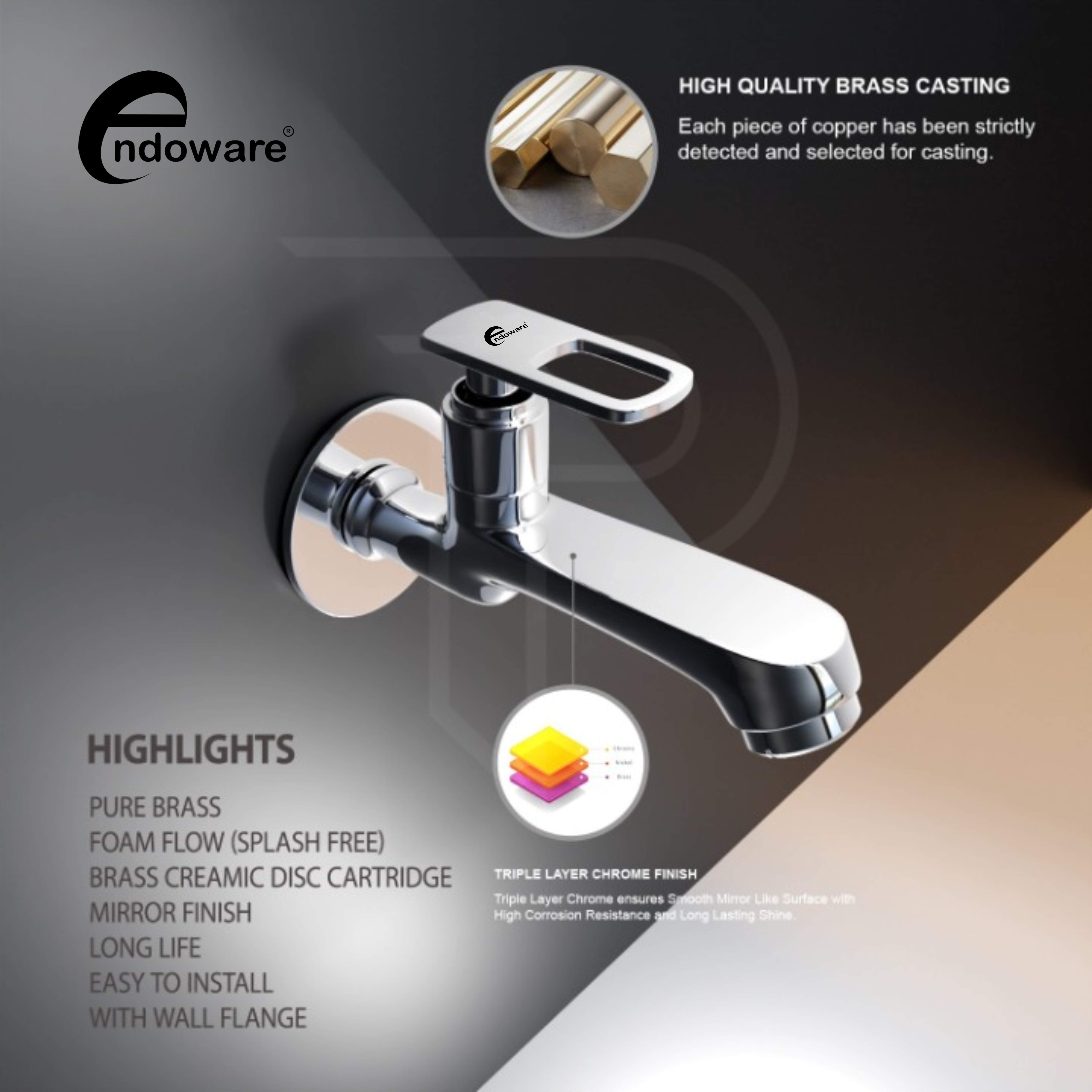 Endoware Pack of 2 Brass Cock Faucets – Chrome Long Body Bib Tap with Wall Flange (Wall Mount)