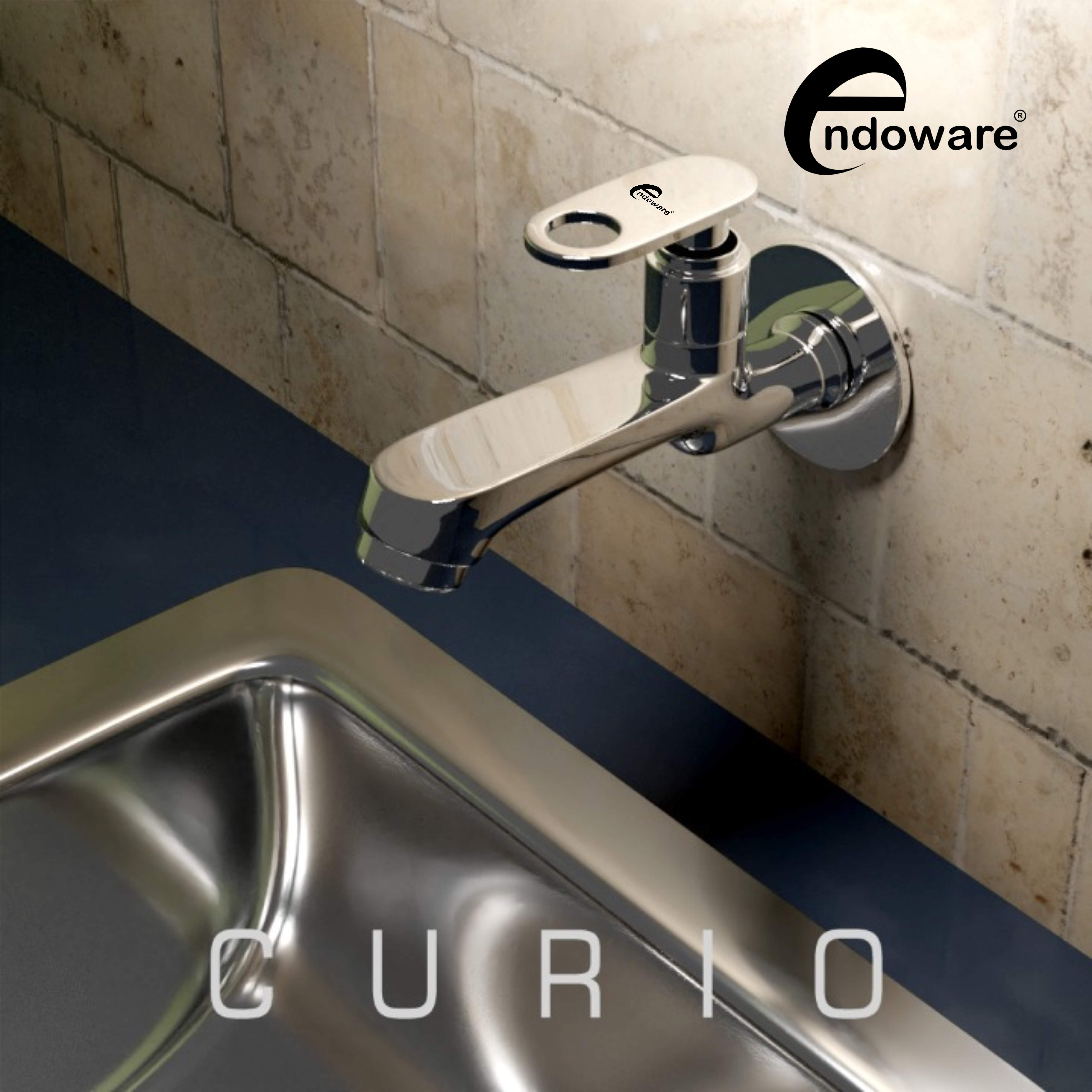 Endoware Curio Brass Long Body Bib Cock Tap (Pack of 2) – Chrome Wall Mount Faucet with Wall Flange