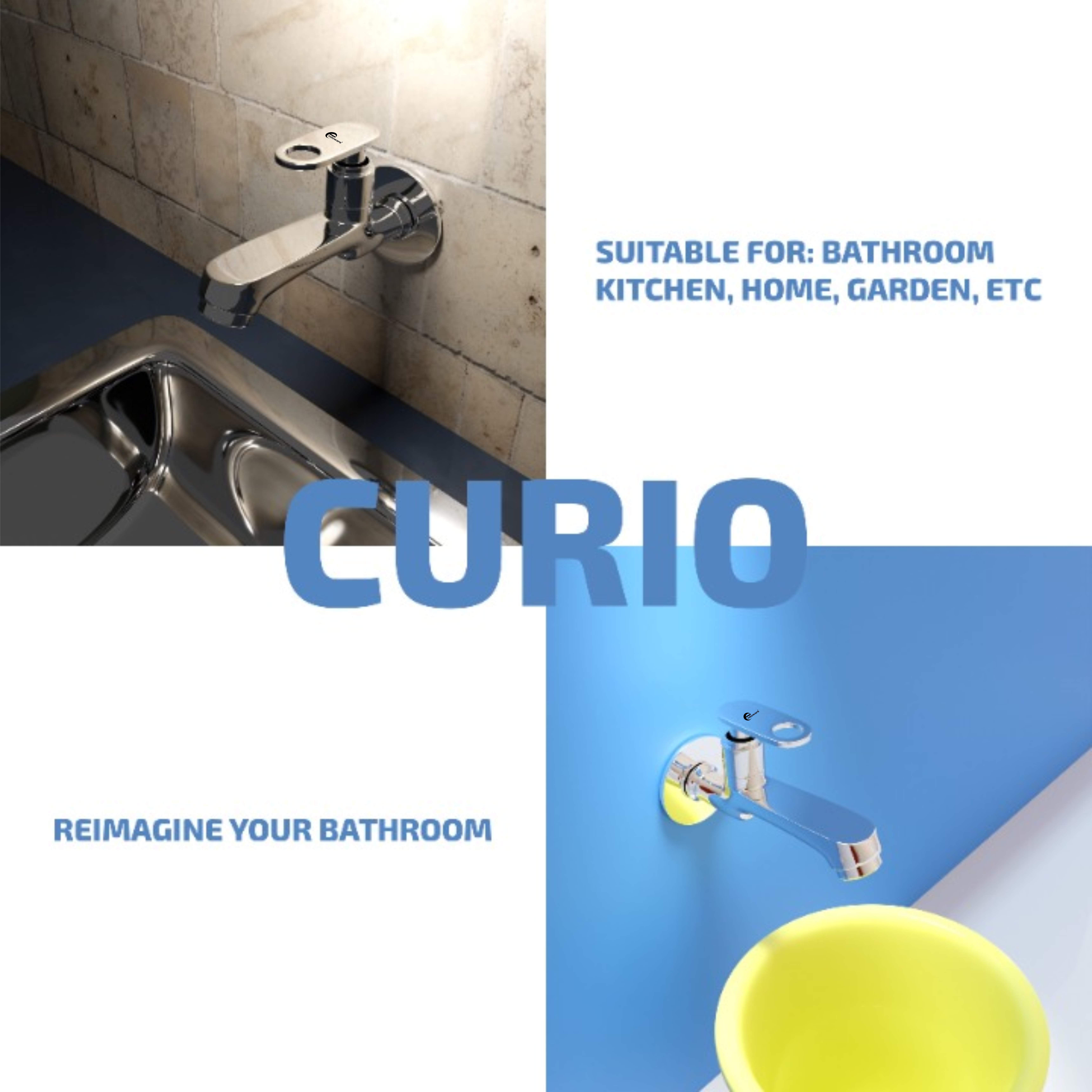 Endoware Curio Brass Long Body Bib Cock Tap (Pack of 2) – Chrome Wall Mount Faucet with Wall Flange