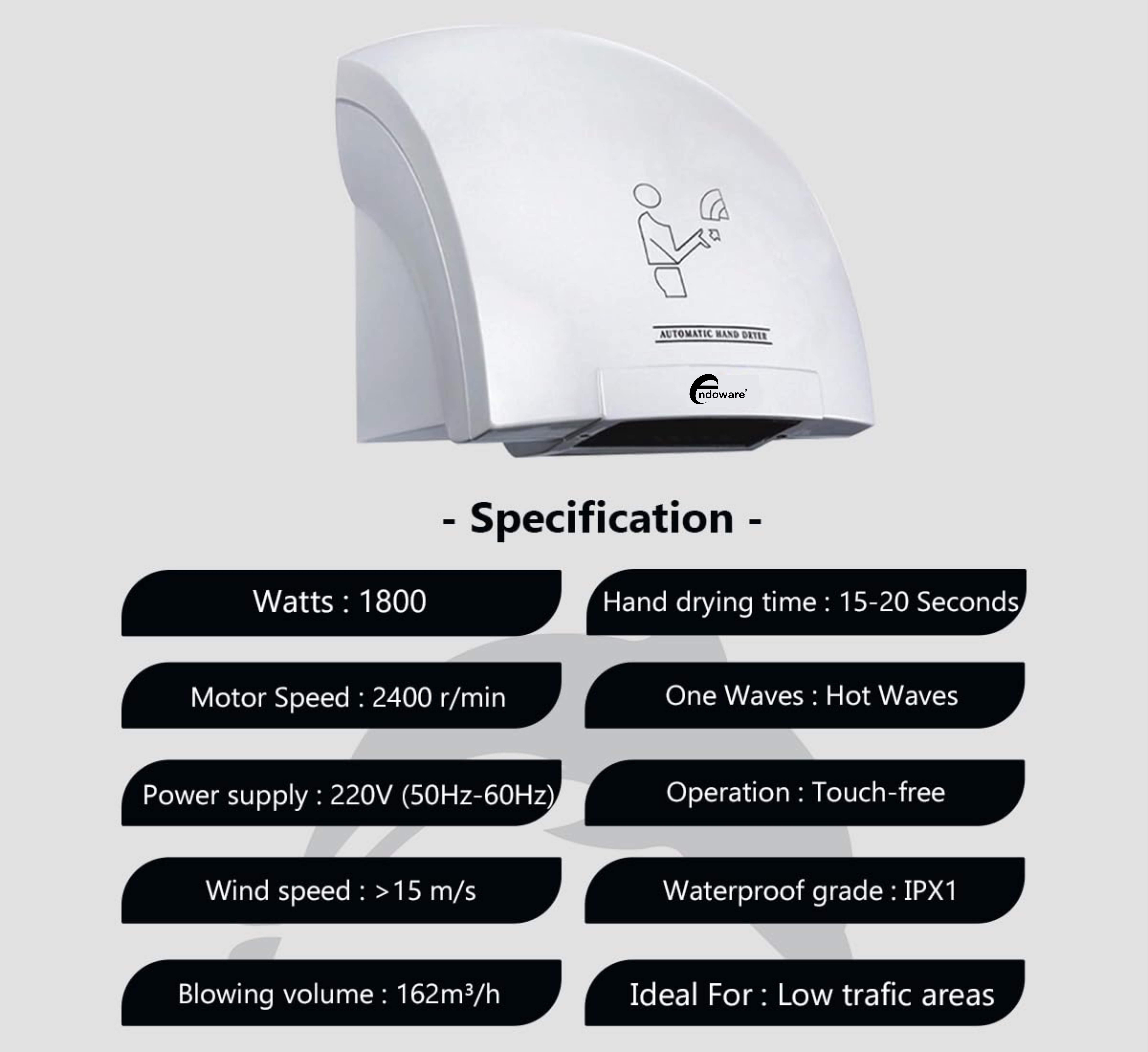 Endoware Plastic Automatic Hand Dryer (White, Standard Model) – Touchless, Energy-Efficient