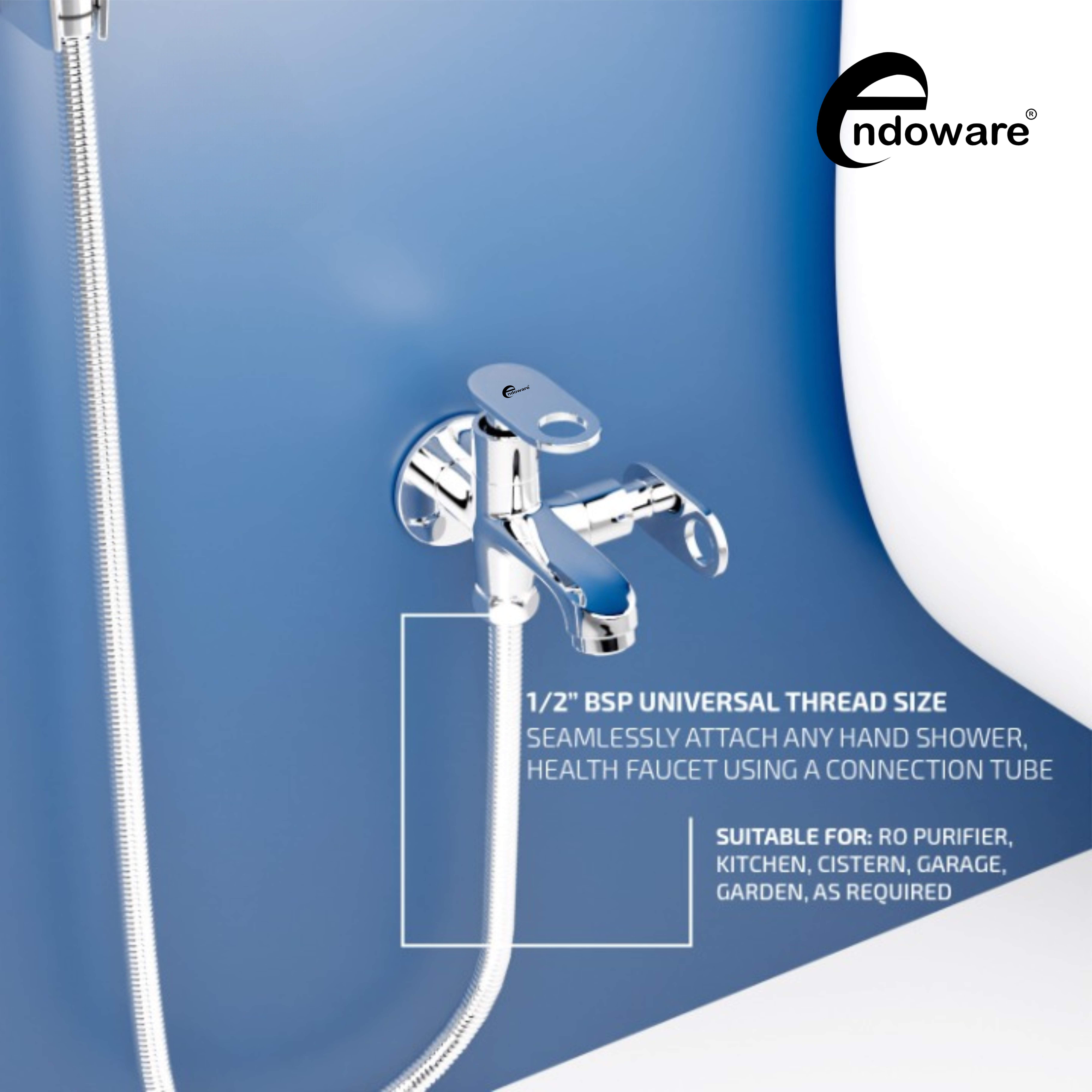 Endoware Curio Brass 2-Way 2-in-1 Water Tap (Chrome) – Wall Flange Bib Cock for Easy Wall Mount