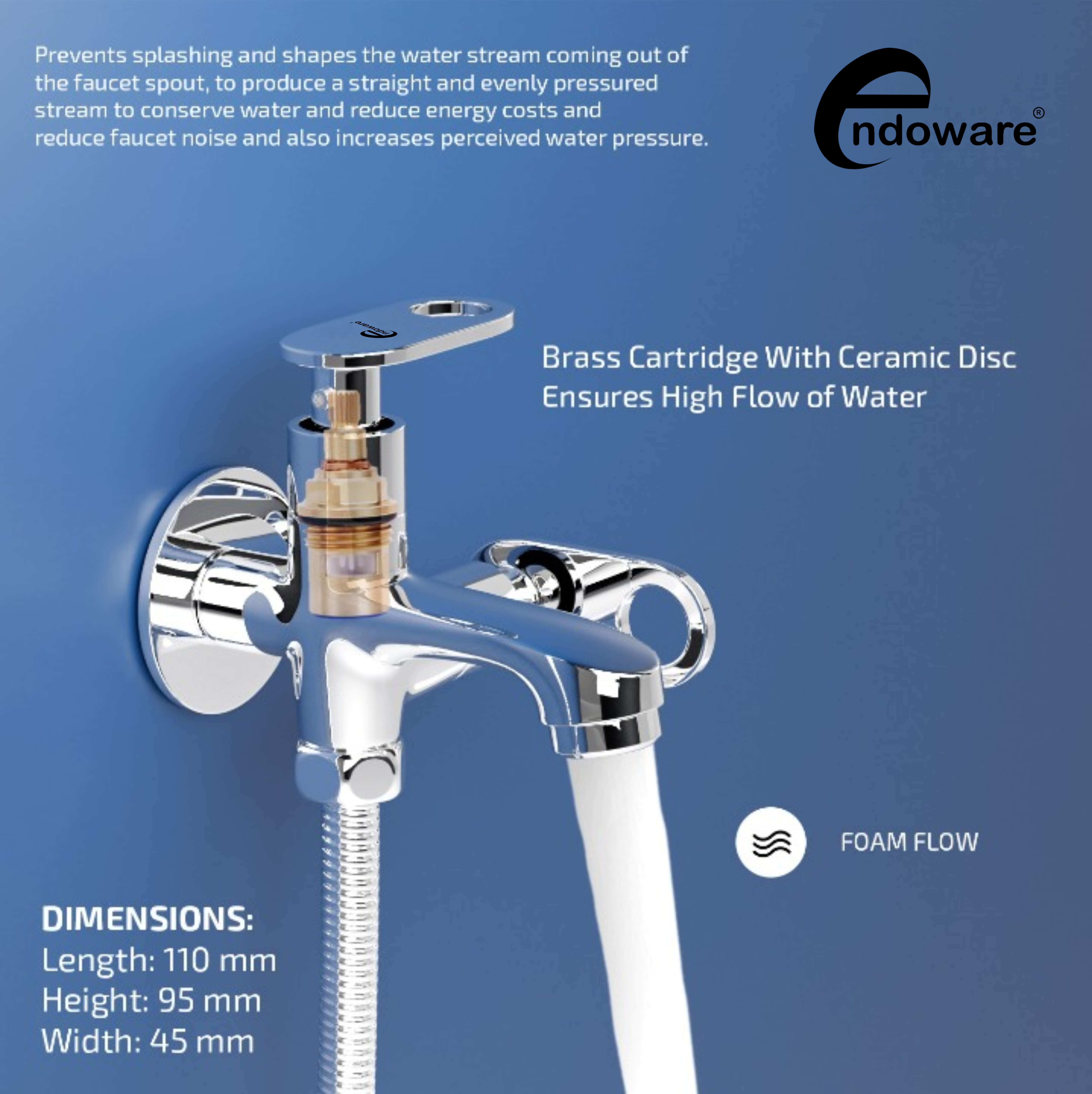 Endoware Curio Brass 2-Way 2-in-1 Water Tap (Chrome) – Wall Flange Bib Cock for Easy Wall Mount