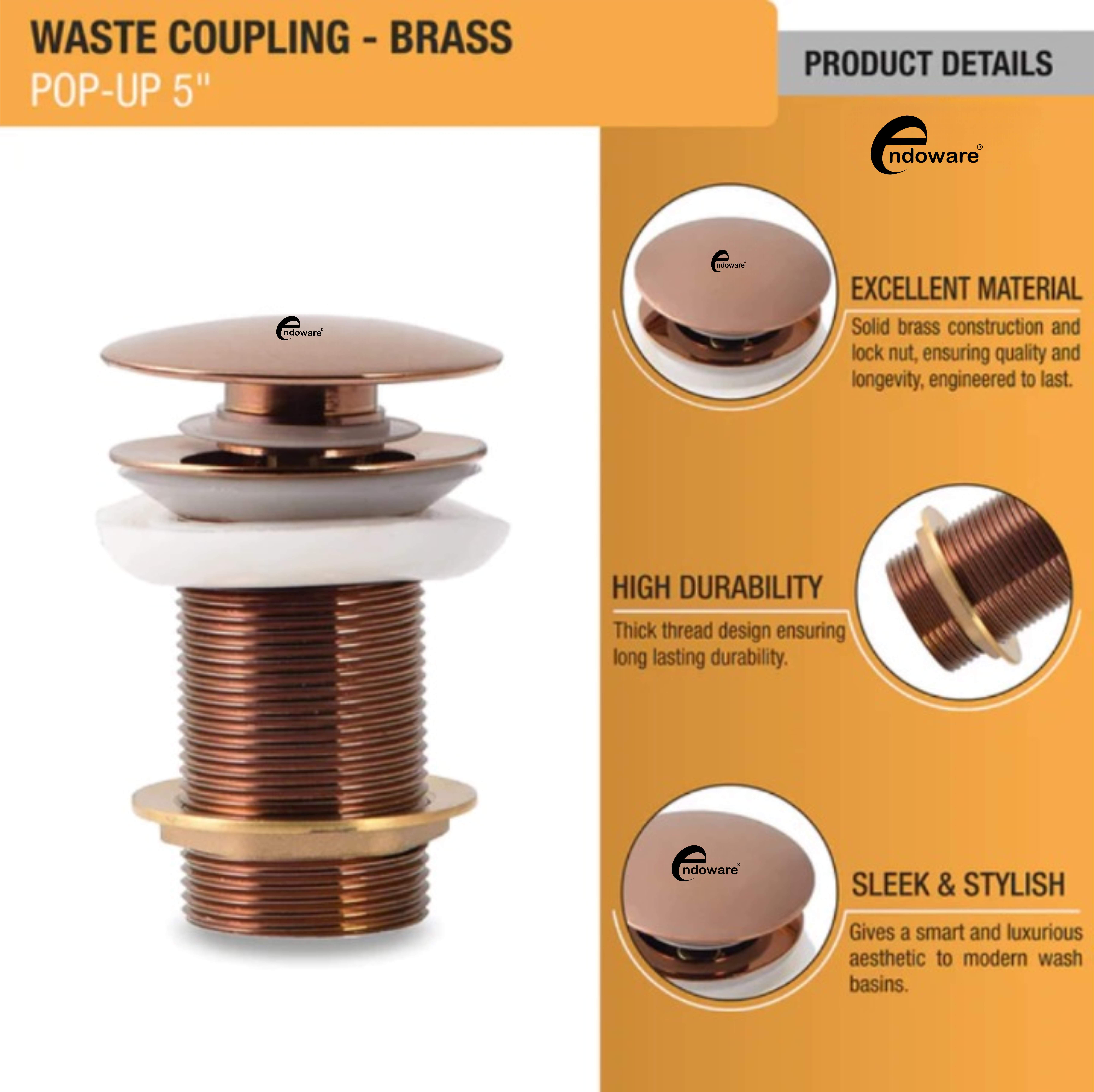 5-Inch Pop-up Waste Coupling by Endoware – Antique Copper PVD Coating for Luxury Bathroom - Endoware